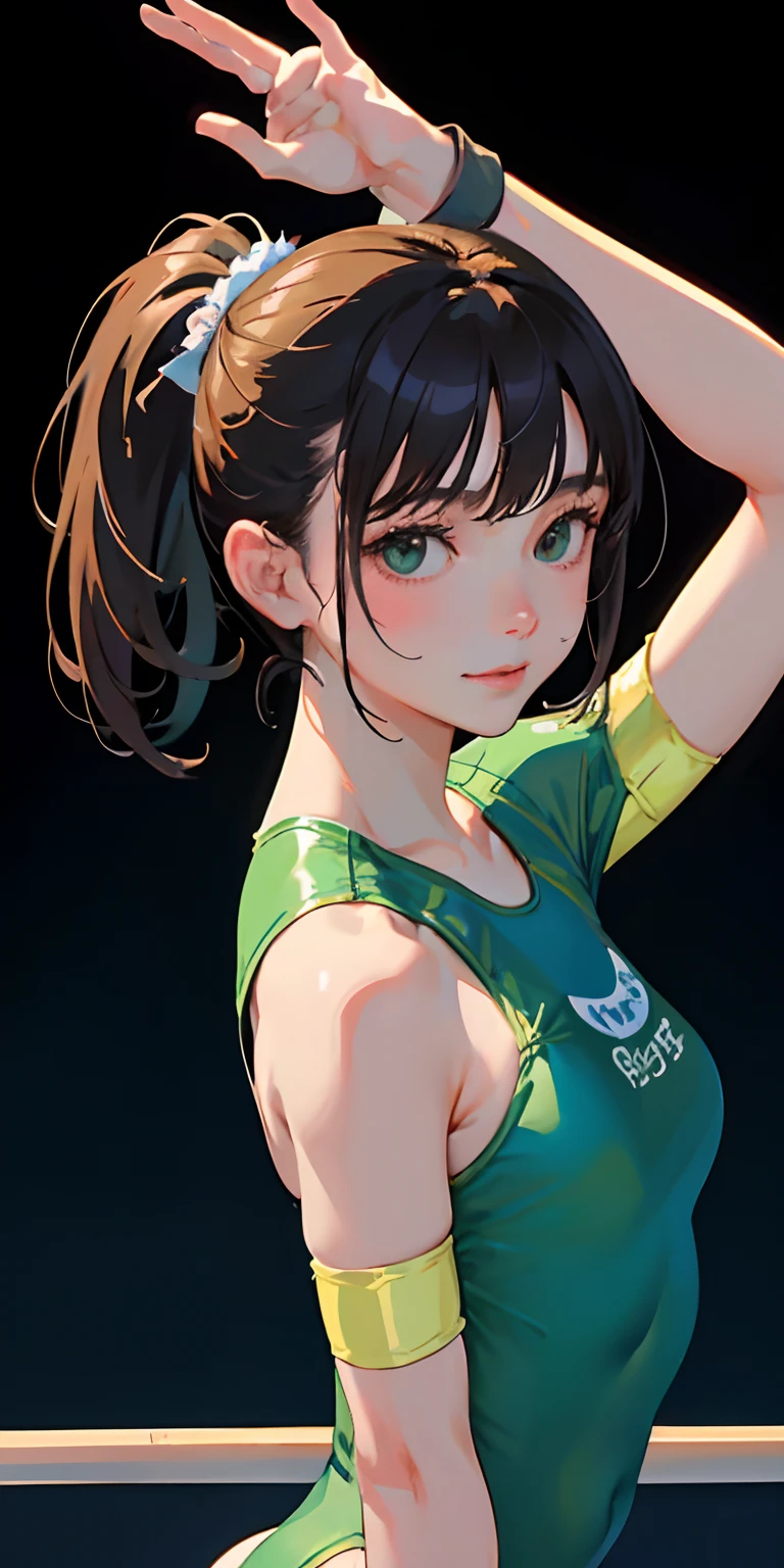 masterpiece、top-quality、hight resolution、Realistic Girl、gymnast、Close-up of people、Wearing a green bodysuit、During gymnastics competitions、Smile、Gymnastics competition venue、A sexy