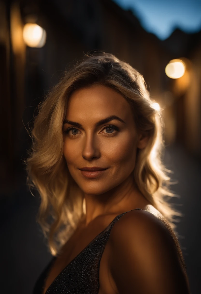 (Selfie, Vista superior: 1.4), (mitad recta del cuerpo: 1.4), RAW UHD portrait photo of a 44-year-old blonde (Mujer de ojos azules) walking down a dark alleyway, senos grandes,, Ciudad de noche, (falda), (escote), Detalles (Texturas! , cabello! , brillar, Color!! , Desventajas: 1.1), ojos brillantes con alto detalle (Looking at the camera), SLR lighting, SLR camera, Ultra calidad, agudeza, Profundidad de campo, Film grain (centro), Fujifilm XT3, Cristalina, Centro del marco, Cara hermosa, foco nítido, farola, Neon lighting, Bokeh (Poca luz), Noche, (cielo nocturno), poros detallados de la piel, piel grasa, quemadura, Detalles oculares complejos, cuerpo completo, senos grandes