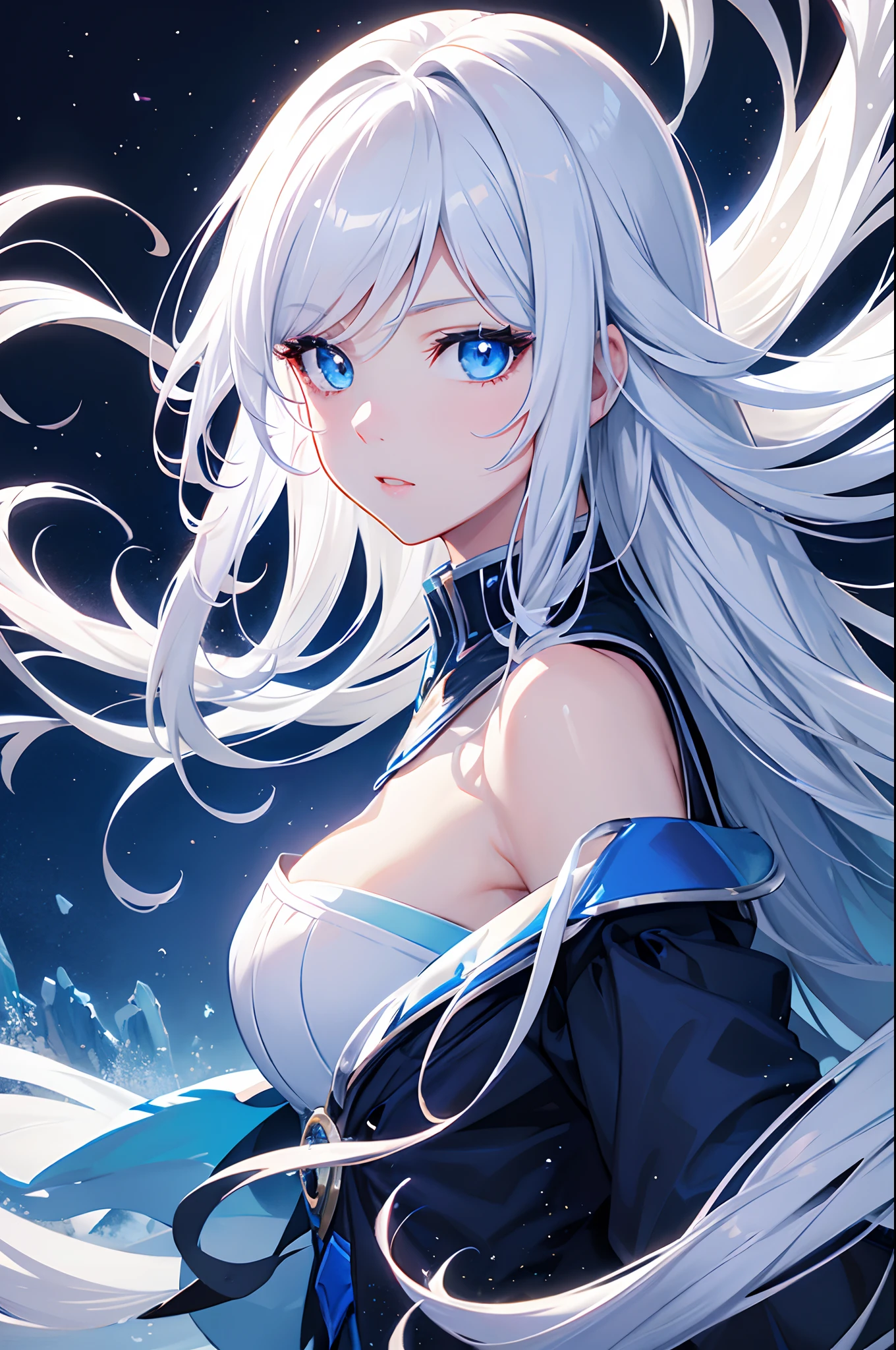 Create a female anime character with a serious and cold expression, cabelos azuis e mechas brancas, olhos vermelhos, e uma roupa de combate