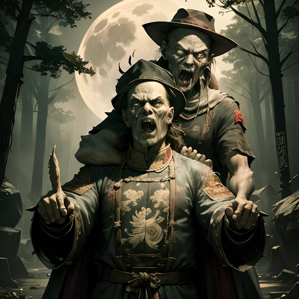 the night，Double，Balding middle-aged man in cloak（Normal male physique 1.1），Strong，The expression is fierce，bucket-hat，Ride on zombies（Chinese_Qing_zombi：1.3）shoulder on，Zombie face skin，Open-mouthed，Claws，Depict facial details in detail，The background is woods，Very large moon，barren，Full body appearance，full bodyesbian，super-fine，hyper HD