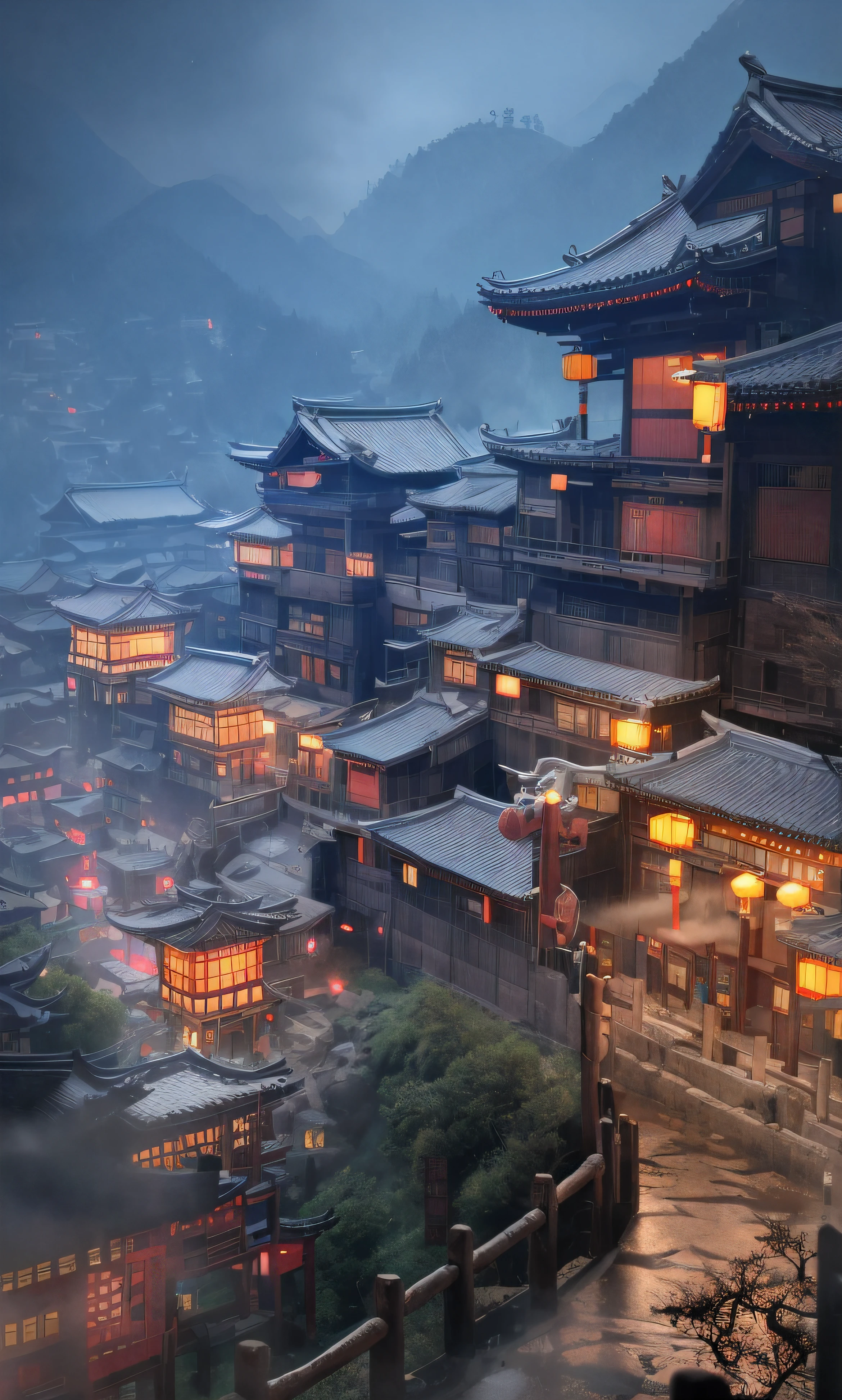 arafed view of a village with a lot of lights on the buildings, dreamy chinese town, chinese village, amazing wallpaper, japanese town, japanese village, hyper realistic photo of a town, old asian village, japanese city, by Raymond Han, rainy evening, cyberpunk chinese ancient castle, beautifully lit buildings, at evening during rain, beautiful and aesthetic, photography, cinematic, 8k, high detailed ((Heavy rain)))