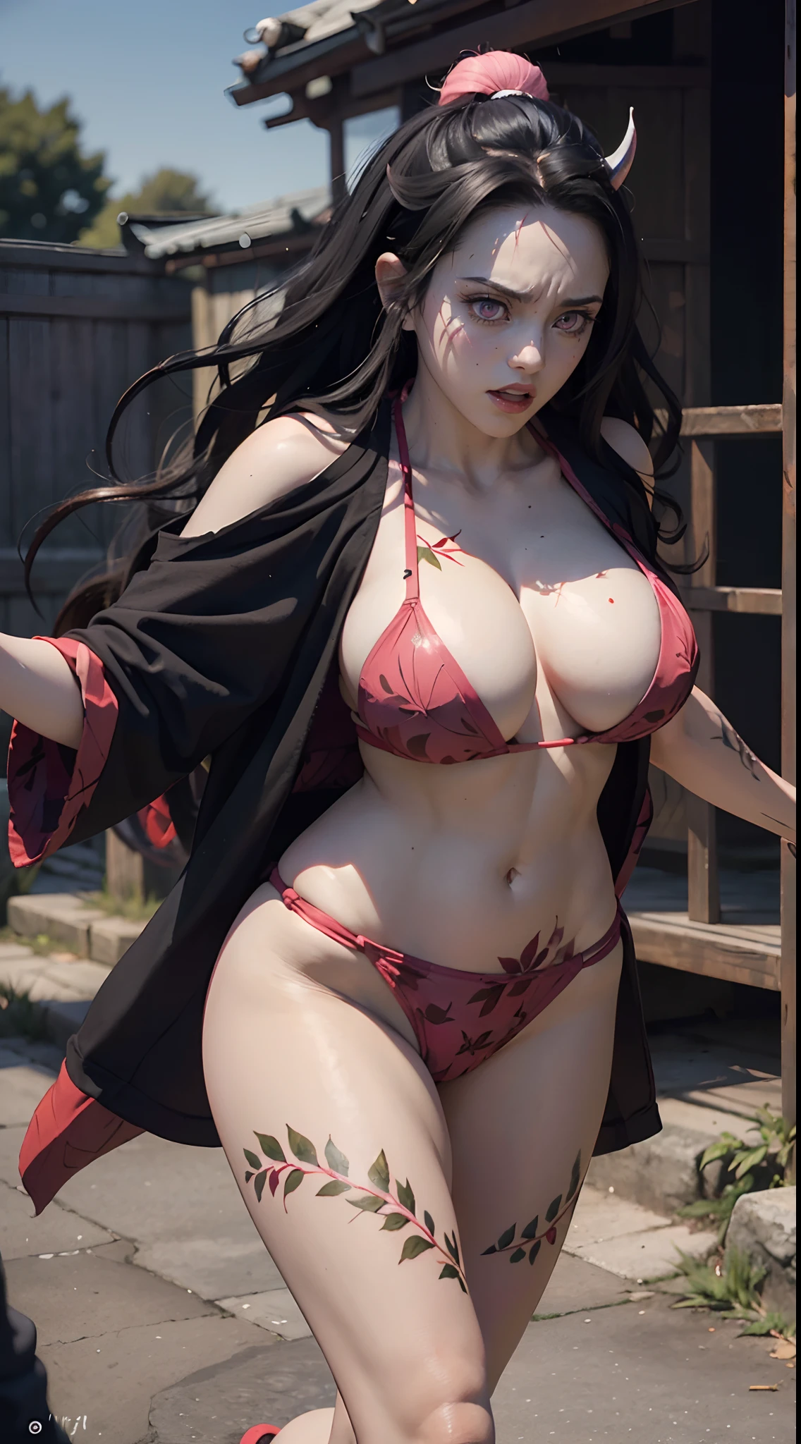 (ultra realistic photo of Nezuko kamado goddess of beauty, bright pink eyes, angry angry expression, she has a horn, 8k, UHD, hottie with ultra giant breasts, huge long breasts sticking out of her kimono, erotic, with long black hair and orange tips, sexy pink japanese kimono, she doesn't wear panties showing her tattooed pussy, pubic hair showing), Nezuko with a piece of bamboo stuck up her ass, (Nezuko, Nezuko-chan, Demon Slayer art style, kimetsu on yaiba), Hentai female anime character, (Nezuko, in her demon form, Huge breasts, giant long breasts sticking out of her clothes, her breasts stick out of her kimono, showing beautiful pointy breasts), (length of ultra giant breasts goes down to her toned stomach, she has leaf tattoos running down her sexy erotic body), Demon Slayer rui fanart, wielding kunai, Marin Kitagawa Fanart, clean and detailed anime art, a very beautiful berserker woman, by Kamagurka, professional art, perfect detailed, (Nezuko kamado in her demonic form showing her giant and hairy pussy, based on the demon slayer kimetsu no yaiba), nudes, nude porn