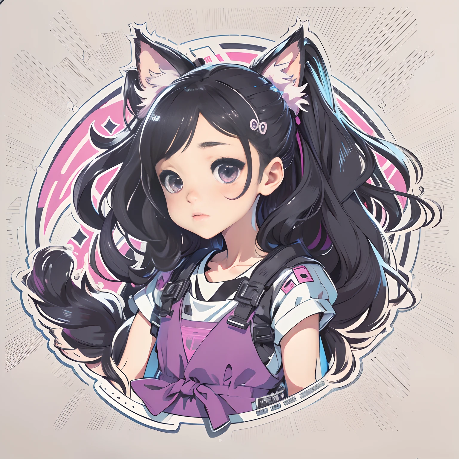 (best quality, 8k, ultra-detailed, realistic:1.37), cute anime girl head, trendy fashion, black long hair style, deep purple eyes, black cat ears, adorable clothing, pink bow headband, white canvas, vibrant pink, minimalistic, extremely rich in detail, intricate strokes, vectorized, hunched figure, professional sticker design, flat design, vector lines, in the process of drawing, full HD