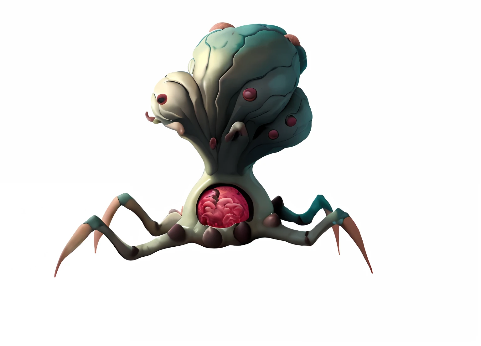 There's a cartoon of a giant squid with fungus and tuber on its head, com um cerebro no meio do corpo , estilo h.r giger, Estilo Lovecraft, criatura caranguejo, anthropomorphic crab, alien creature, conceito de criatura realista, Cefalópode Kaiju, polvo ciborgue, uma aranha gigante feia, arachnid, Criatura do mar profundo, criatura assustadora, bizarre alien creature, criatura assustadora, Criatura das sombras penumbral