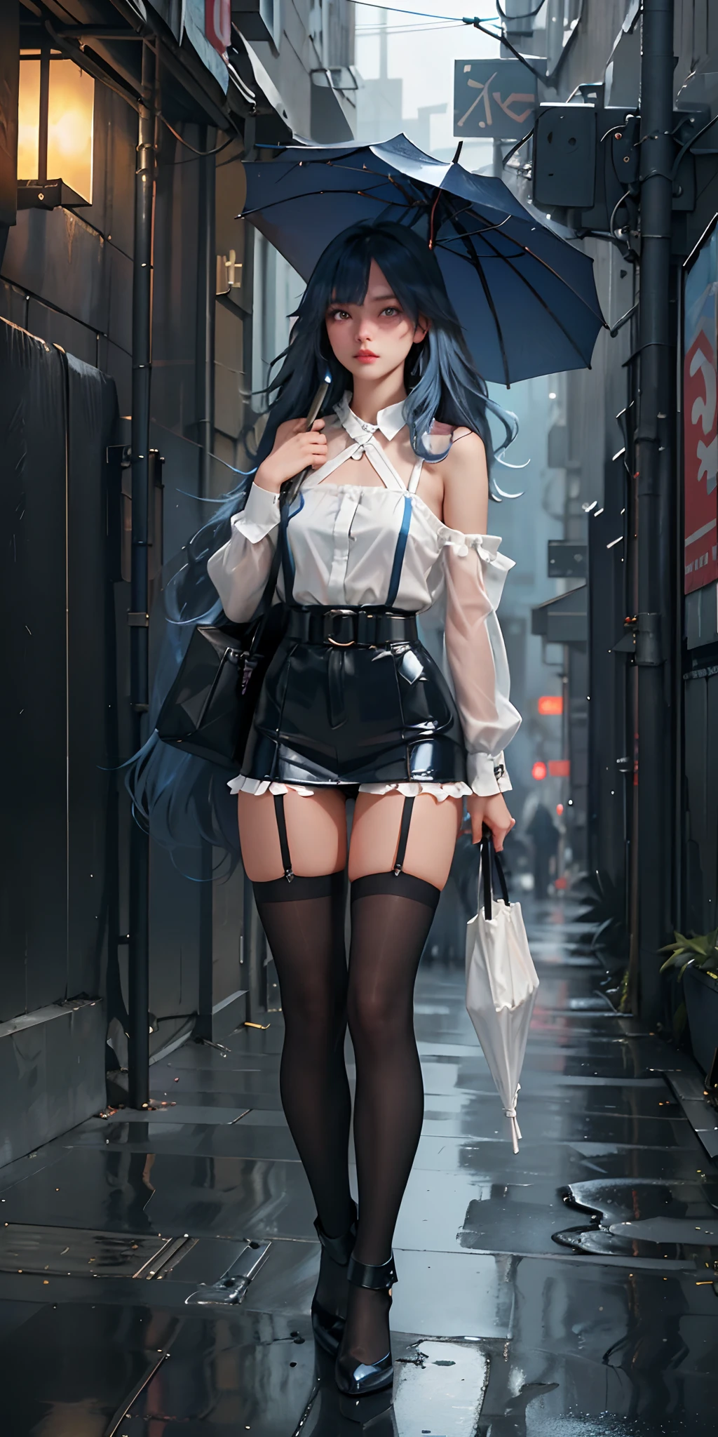 (best quality, masterpiece: 1.3), 1girl, rainy day, fog, alley, umbrella holding, large and transparent umbrella, looking at the viewer, blue hair, facing the photo, cyberpunk city, alone in the alley, neon in the alley, very reflective city, long hair, sized strands going over the alley, bars, Japan, Tokyo, garter belt on one leg, knee pad on the other leg, perfect hand, delicate, night