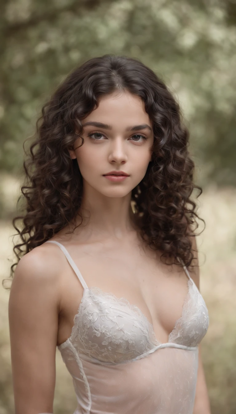 A beautiful  Brazilian girl, alone, full length, white skin, full length portrait, loose curls, curly black hair (shorter and darker curly hair), long wild black curly hair, multiversal hair, Brazilian , short curly black hair, curly black hair, curls, extended wavy hair, baroque curls, curls, curly blonde hair, hair texture, curly bangs, in very sexy transparent underwear, full length