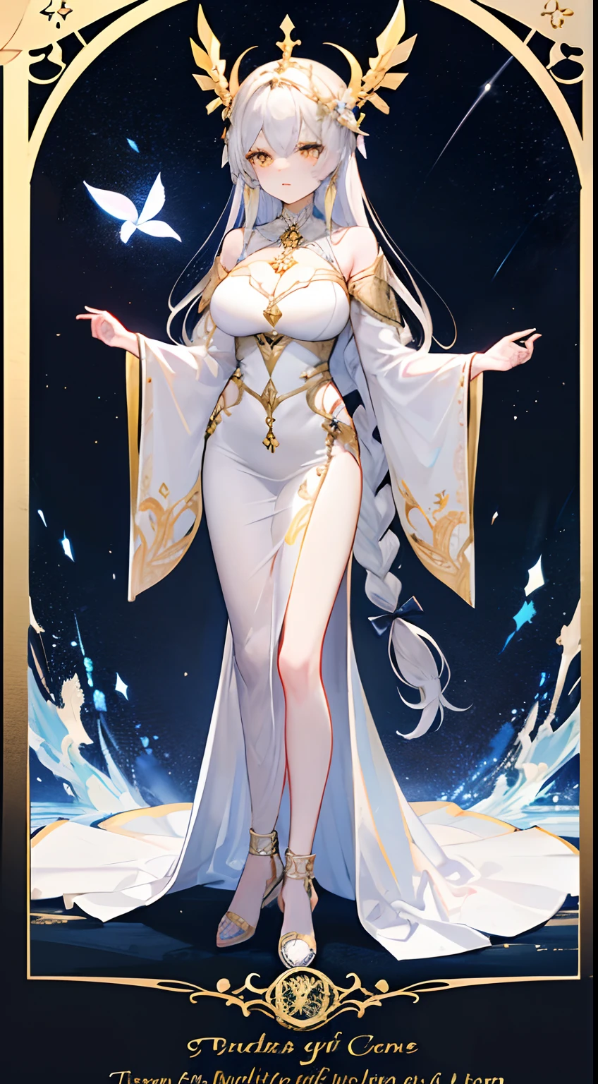 hightquality, Transcendent beauty, a high chroma, goddes, Silver hair loosely braided long hair, Yellow eyes, Moderately large breasts, White neat dress, Luxury, nigh sky, Golden Balance, stele々Shines, kosmos, 1 Lily Garden, Beautiful, divine atmosphere,Woman Standing and Praying,worship,Tarot card style