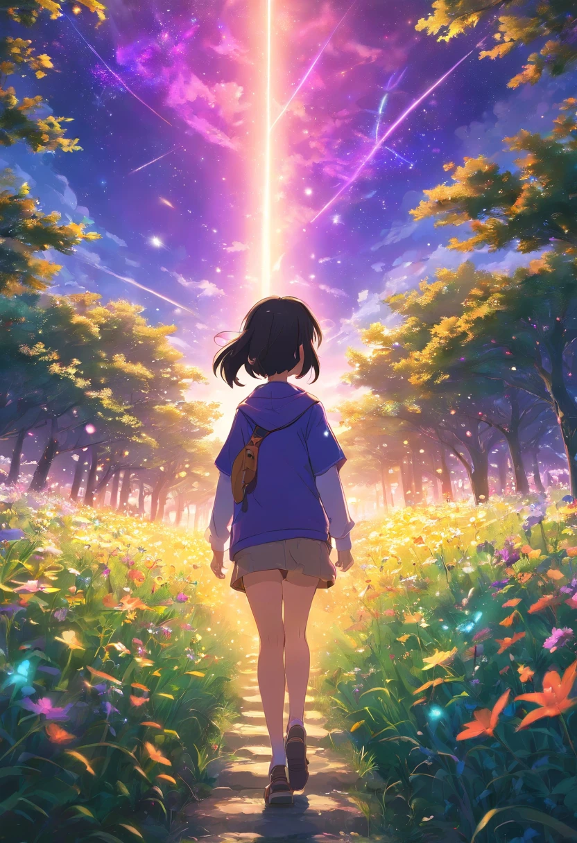 Expansive landscape photograph,(look from down,Above is the sky,Below are open fields),A little girl stood on a flower field and looked up,(moon full:1.2),(meteors:0.9),(Starcloud:1.3),Far Mountain, Tree BREAK making art,(Warm light source:1.2),(glowworm:1.2),lamp lights,Lots of purple and orange,Complicated details,Volumetric lighting BREAK(tmasterpiece:1.2),(best qualtiy),4K,ultra - detailed,(dynamic compositions:1.4),detail-rich,plethora of colors,(Irridescent color:1.2),(with light glowing,Atmospheric lighting),dream magical,magical,(独奏:1.
