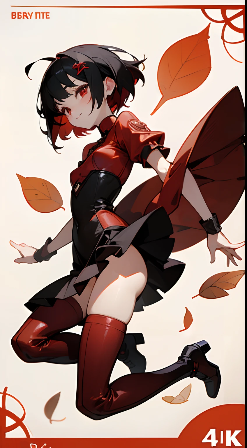 (Best Quality,4K,High resolution), A girl child,Chibi、 Red mesh hair on black hair, Very short berry shorthair,Boyish shorthair、Hair ornament of autumn leaves、sharp eye、Red Eyes、 Innocence,Smile cheerfully,small tits、slender physique、 Tight high neck red leather mini dress with intricate decoration,corsets、Red Leather Draped Mini Pants Skirt,Red knee-high boots with decoration、Comical appearance,noisy,busy、Frolic、comic strip,animesque,Comical illustration,Deformed cute illustration,Delicately expresses realistic skin texture、Full body projection、buttle、Jumping around、Comical little animals