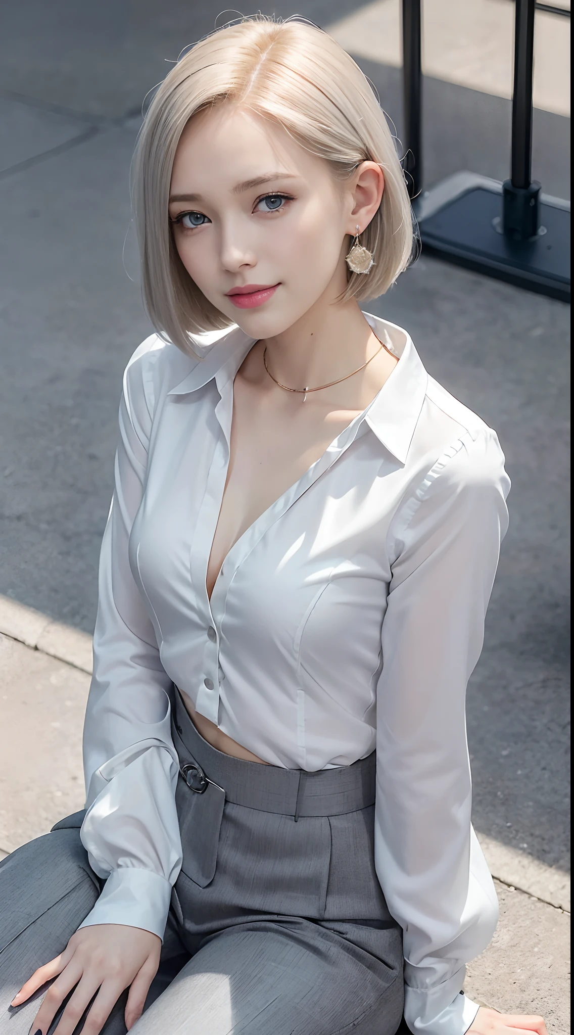 Top image quality、Original photography、超高分辨率、18-year-old Korean、glasses beauty、Colossal tits:1.3、LOP:1.5、White revealing formal shirt、Skinny transparent shirt、formal mini skirt、White skin of the、Fair and shiny skin、(Short hair details)、bright silver hair、Bright white hair、beautidful eyes，Color is random、with very thin lips、beautidful eyes，Meticulous details、eyes elongated、pale pink blush、long eyelasher、beautiful double eyelid、eye shadows、ear nipple ring、、Fashionable glasses、Lighting that emphasizes beautiful skin、(The skirt was cracked、skirt tag)