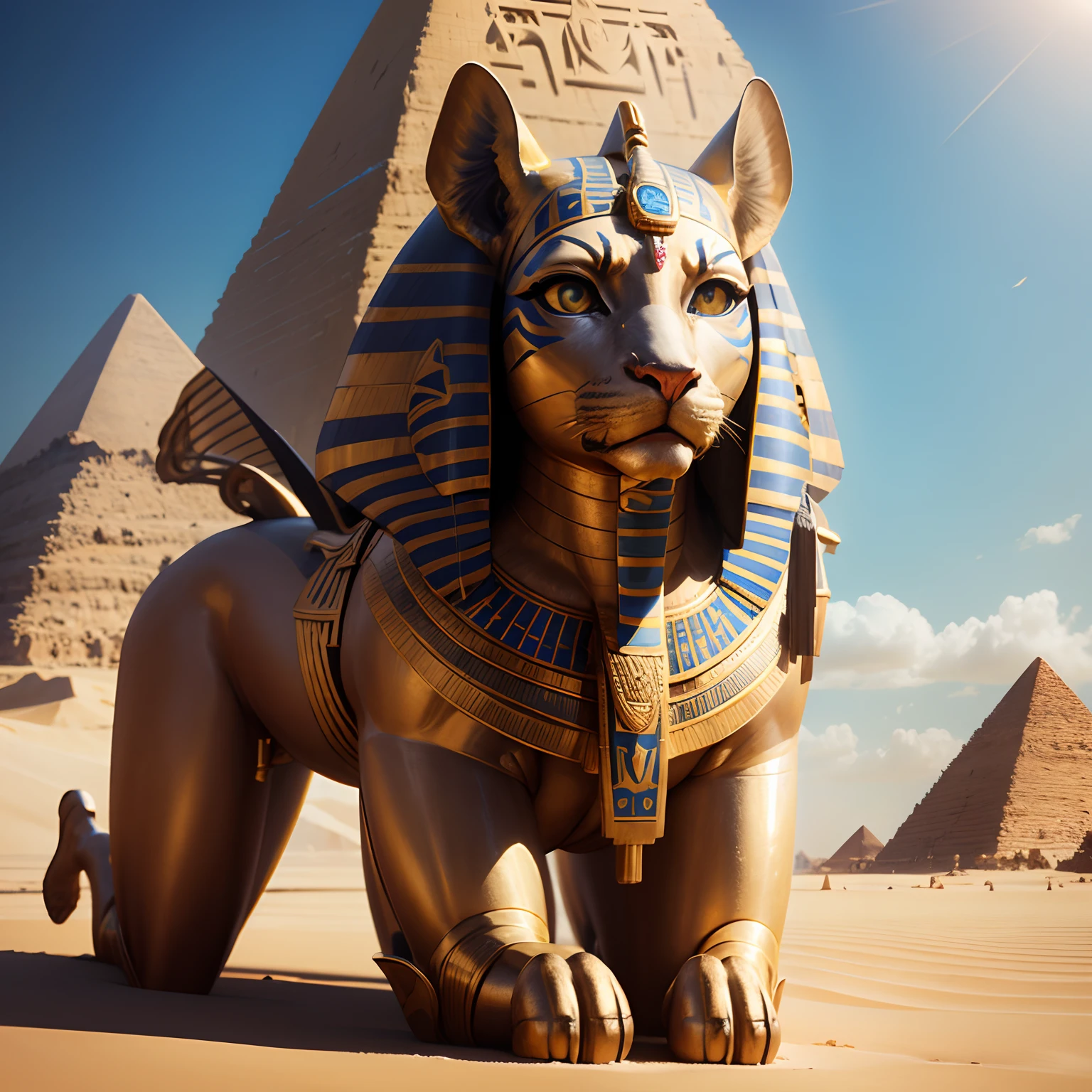 (best quality,4k,highres,masterpiece:1.2), ancient, detailed Sphinx,giant, impressive sculpture, majestic eyes and nose, fascinating,powerful tail, mysterious, sandy environment,pyramids, construction site, workers, ancient Egyptians, tools,stones,cranes,hardworking scene,scorching sun,glowing sand, vibrant colors, realistic,portrait style, golden sunset light, magical atmosphere