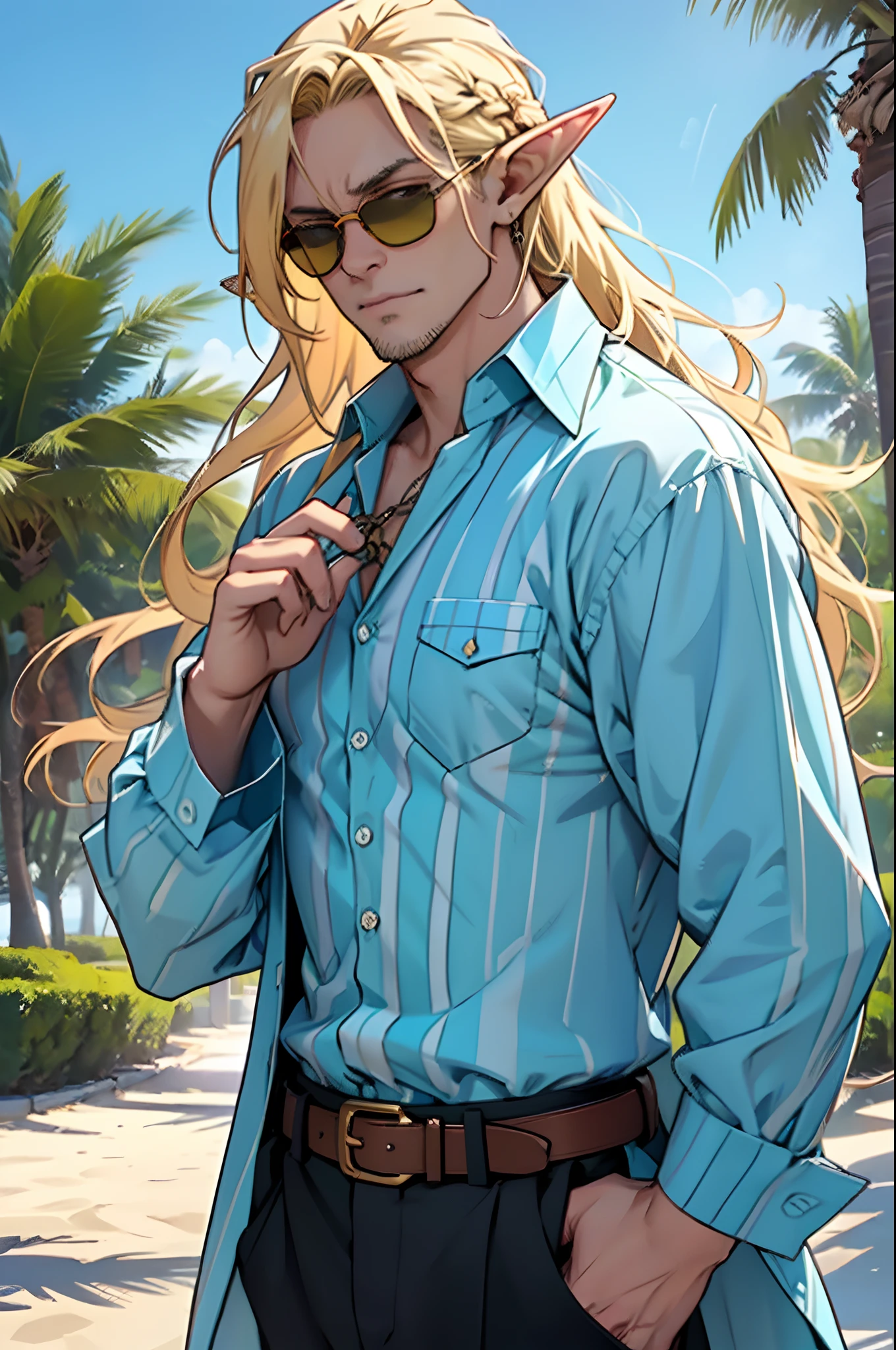 Cover magazine, Anime, Middle-aged man, beach sunglasses, long sleeve shirt, stripe pattern shirt, beach shirt, belt, tacky, long ears, elf ears, night, garden, fantasy, blonde, long hair