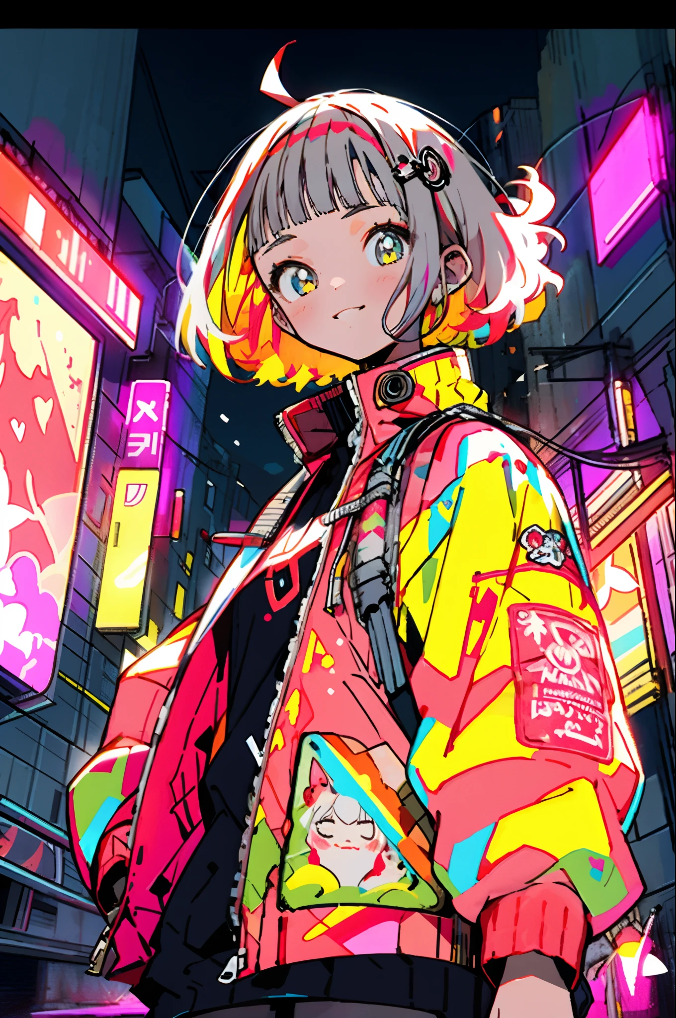 masterpiece, best quality, 1girl, city pop, night, neon light, looking at another, upper body, vector illustration, jacket, light smile, blunt bangs, long hair