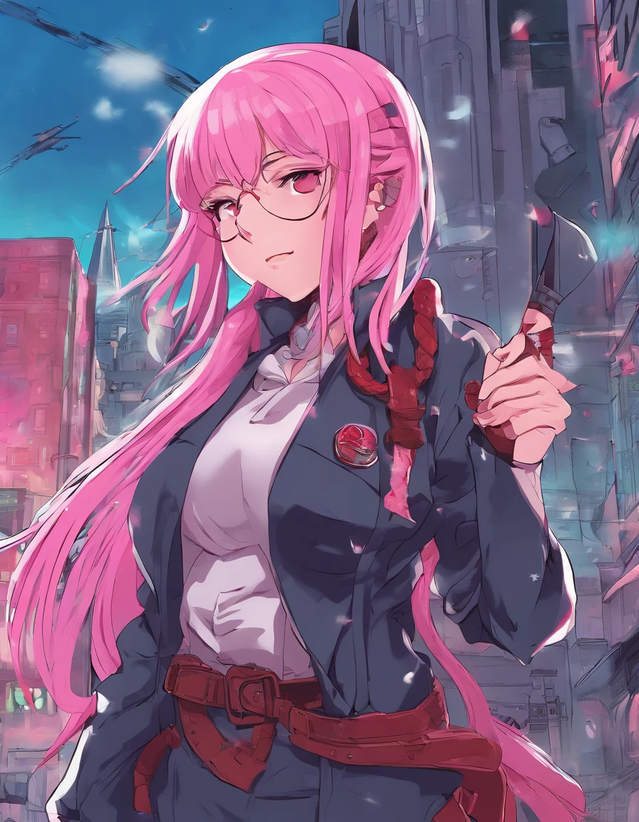 sara valestein, trails of cold steel, anime, long pink hair in a ponytail with bangs, 30 year old woman, happy drunk, resistance fighter WW2, ruined city, holding long red sword and pistol, battlefield photo