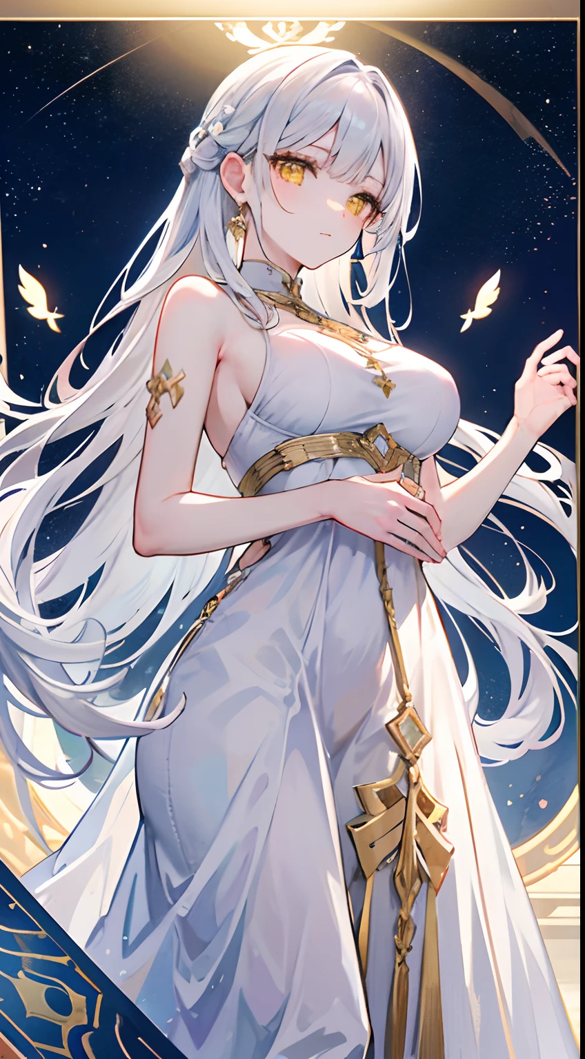 masterpiece、highest quality、High resolution、Very detailed、Beautiful eyeedium wide shot、((Alphonse Mucha Style))、Mature Woman、Big Breasts、beautiful、Religious paintings、Tarot Cards、