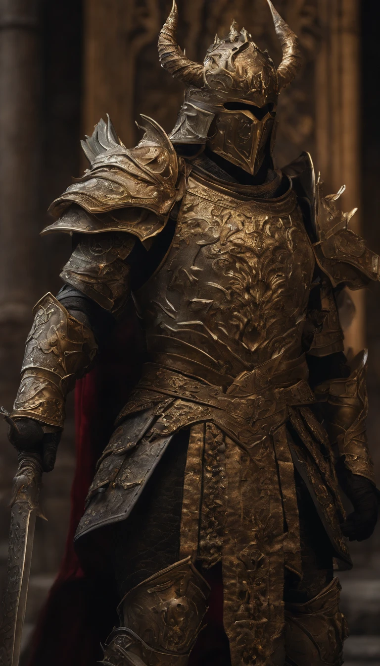 warrior, concept-art, author:Kishiganku, Fantasy art, Zen temple background, clean render, a horned, Wear a suit of armor, Detailed bushido form smoke, helmet of a forgotten deity, character is standing, 8k Realistic, in game render, detailed face background detail, Art station front page, taur, Pseudo-medieval fantasy, A deity wearing koi armor, detailed bronze armor, Bronze armor, golden etched armor, gold obsidian armor, Light gold armor, Gorgeous filigree armor, A demonic warrior, Gorgeous armor full of thorns, Intricate assasin armor, Intricate metal armor, powerful warrior, Dressed in gorgeous gold armor,Decorated with intricate patterns, The helmet has a large crown and two horns,Glowing red eyes, Everything is in the dark, The smoky background hints at battle scenes, Add an ominous aura to his character,Demon's giant demon wings,submission, Full body shot.