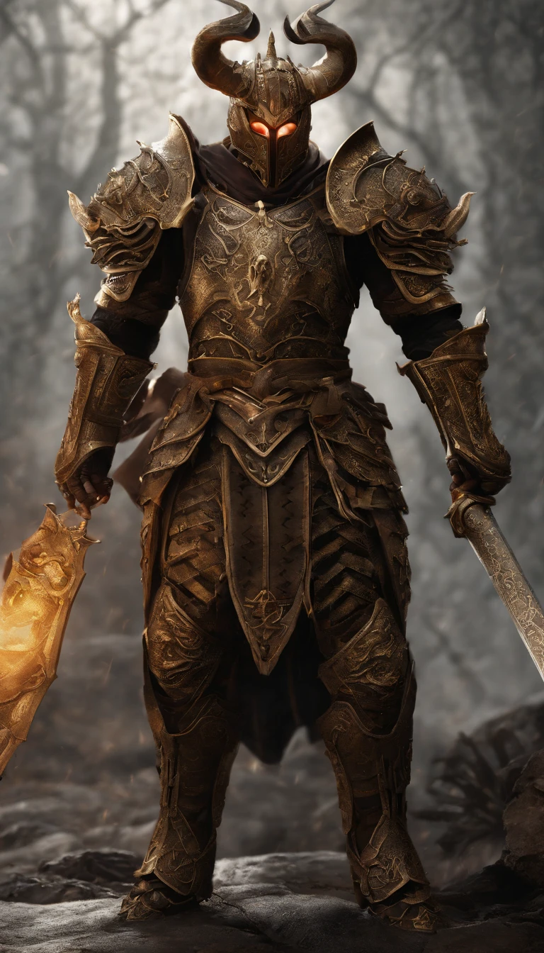 warrior, concept-art, author：Kishiganku, Fantasy art, Zen temple background, clean render, a horned, Wear a suit of armor, Detailed bushido form smoke, helmet of a forgotten deity, character is standing, 8k Realistic, in game render, detailed face background detail, Art station front page, taur, Pseudo-medieval fantasy, A deity wearing koi armor, detailed bronze armor, Bronze armor, golden etched armor, gold obsidian armor, Light gold armor, Gorgeous filigree armor, A demonic warrior, Gorgeous armor full of thorns, Intricate assasin armor, Intricate metal armor, powerful warrior, Dressed in gorgeous gold armor，Decorated with intricate patterns, The helmet has a large crown and two horns,Glowing red eyes， Everything is in the dark, The smoky background hints at battle scenes, Add an ominous aura to his character，Demon's giant demon wings，submission, Full body shot.