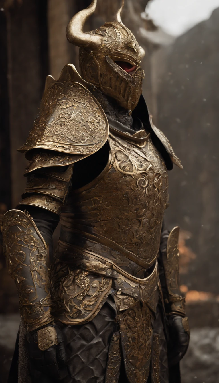 warrior, concept-art, author:Kishiganku, Fantasy art, Zen temple background, clean render, a horned, Wear a suit of armor, Detailed bushido form smoke, helmet of a forgotten deity, character is standing, 8k Realistic, in game render, detailed face background detail, Art station front page, taur, Pseudo-medieval fantasy, A deity wearing koi armor, detailed bronze armor, Bronze armor, golden etched armor, gold obsidian armor, Light gold armor, Gorgeous filigree armor, A demonic warrior, Gorgeous armor full of thorns, Intricate assasin armor, Intricate metal armor, powerful warrior, Dressed in gorgeous gold armor,Decorated with intricate patterns, The helmet has a large crown and two horns,Glowing red eyes, Everything is in the dark, The smoky background hints at battle scenes, Add an ominous aura to his character,Demon's giant demon wings,submission, Full body shot.