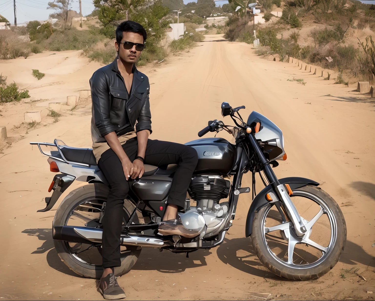 there is a man sitting on a motorcycle on a dirt road, without helmet, sitting on a motorcycle, student, with a cool pose, biker, stylish pose, motorcycle, motorbiker, cool pose, jayison devadas, indian, motorbike, jayison devadas style, riding a motorbike, full body photogenic shot, moped, solo portrait, riding a motorcycle