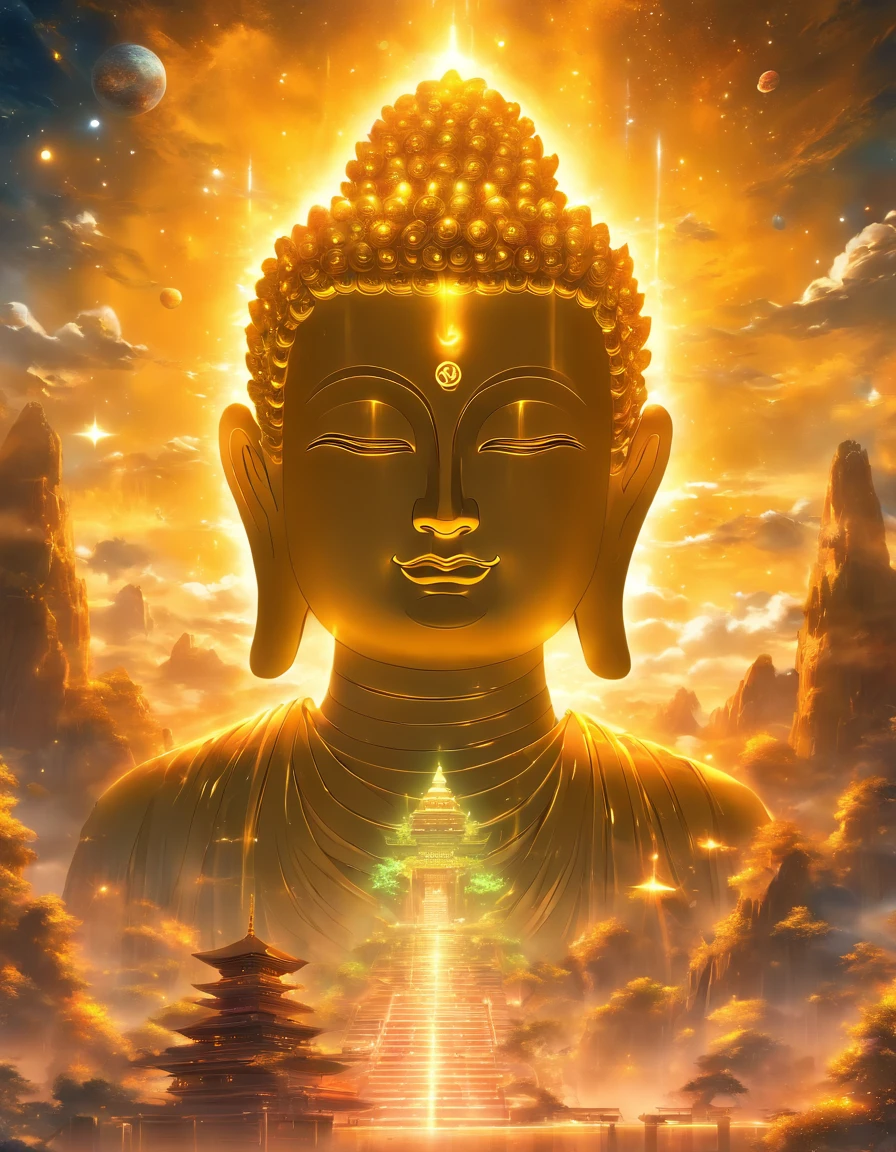 The huge transparent Buddha head looks at an earthy yellow planet in the universe,Glow effects,oc rendered