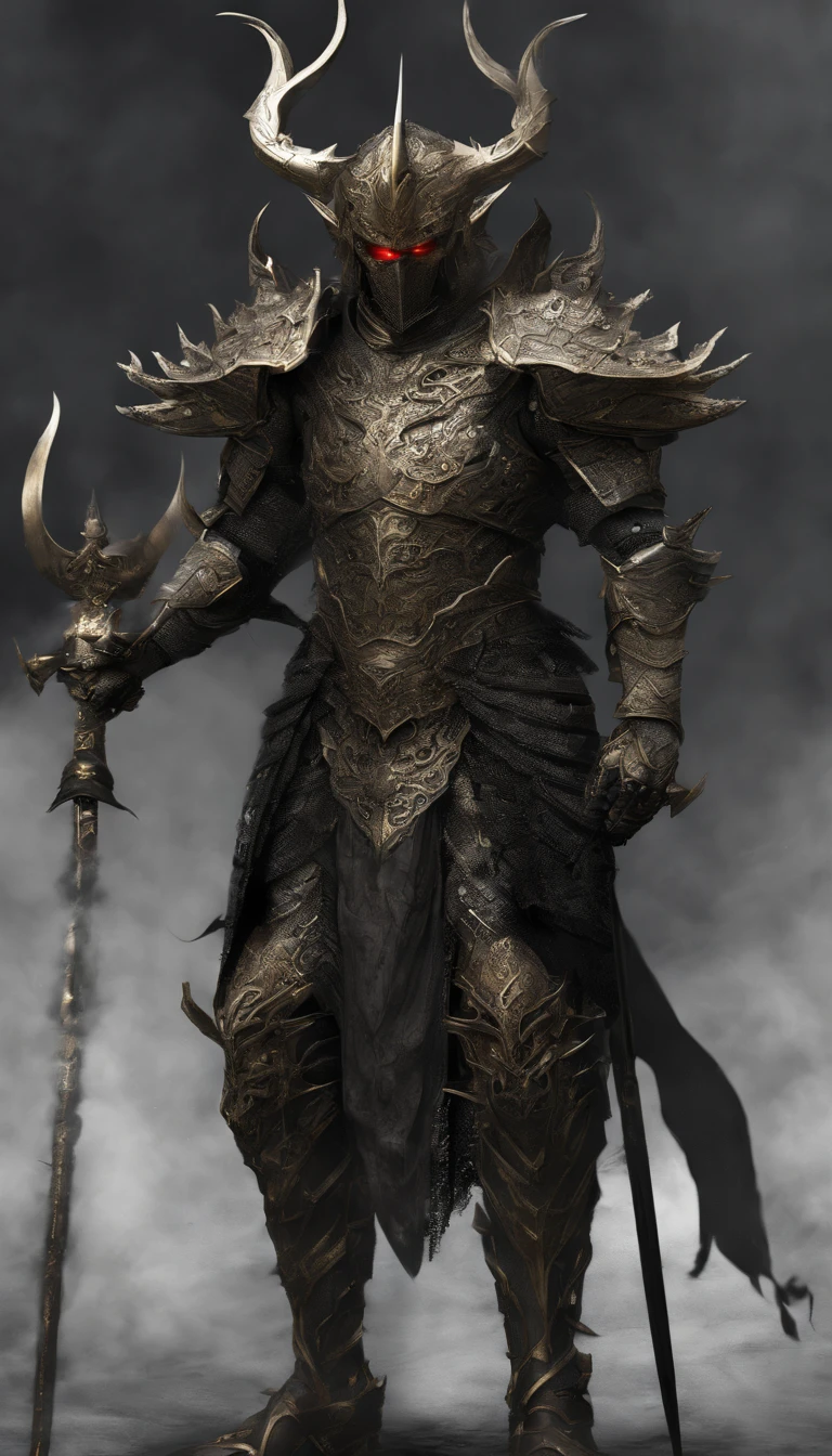 warrior, concept-art, author:Kishiganku, Fantasy art, Zen temple background, clean render, a horned, Wear a suit of armor, Detailed bushido form smoke, helmet of a forgotten deity, character is standing, 8k Realistic, in game render, detailed face background detail, Art station front page, taur, Pseudo-medieval fantasy, A deity wearing koi armor, detailed bronze armor, Bronze armor, golden etched armor, gold obsidian armor, Light gold armor, Gorgeous filigree armor, A demonic warrior, Gorgeous armor full of thorns, Intricate assasin armor, Intricate metal armor, powerful warrior, Dressed in gorgeous gold armor,Decorated with intricate patterns, The helmet has a large crown and two horns,Glowing red eyes, Everything is in the dark, The smoky background hints at battle scenes, Add an ominous aura to his character,Demon's giant demon wings,submission, Full body shot.