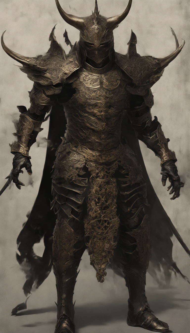 warrior, concept-art, author:Kishiganku, Fantasy art, Zen temple background, clean render, a horned, Wear a suit of armor, Detailed bushido form smoke, helmet of a forgotten deity, character is standing, 8k Realistic, in game render, detailed face background detail, Art station front page, taur, Pseudo-medieval fantasy, A deity wearing koi armor, detailed bronze armor, Bronze armor, golden etched armor, gold obsidian armor, Light gold armor, Gorgeous filigree armor, A demonic warrior, Gorgeous armor full of thorns, Intricate assasin armor, Intricate metal armor, powerful warrior, Dressed in gorgeous gold armor,Decorated with intricate patterns, The helmet has a large crown and two horns,Glowing red eyes, Everything is in the dark, The smoky background hints at battle scenes, Add an ominous aura to his character,Demon's giant demon wings,submission, Full body shot.