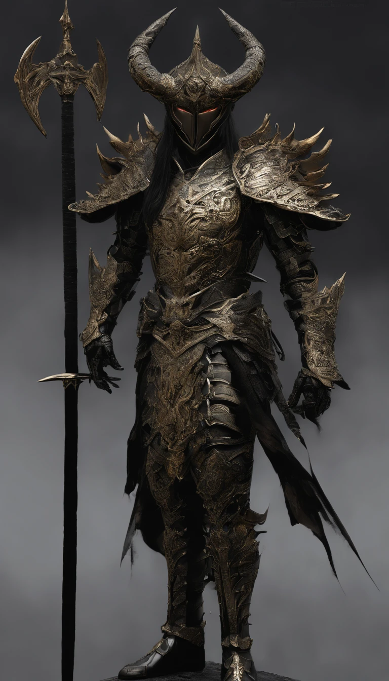 warrior, concept-art, author:Kishiganku, Fantasy art, Zen temple background, clean render, a horned, Wear a suit of armor, Detailed bushido form smoke, helmet of a forgotten deity, character is standing, 8k Realistic, in game render, detailed face background detail, Art station front page, taur, Pseudo-medieval fantasy, A deity wearing koi armor, detailed bronze armor, Bronze armor, golden etched armor, gold obsidian armor, Light gold armor, Gorgeous filigree armor, A demonic warrior, Gorgeous armor full of thorns, Intricate assasin armor, Intricate metal armor, powerful warrior, Dressed in gorgeous gold armor,Decorated with intricate patterns, The helmet has a large crown and two horns,Glowing red eyes, Everything is in the dark, The smoky background hints at battle scenes, Add an ominous aura to his character,Demon's giant demon wings,submission, Full body shot.