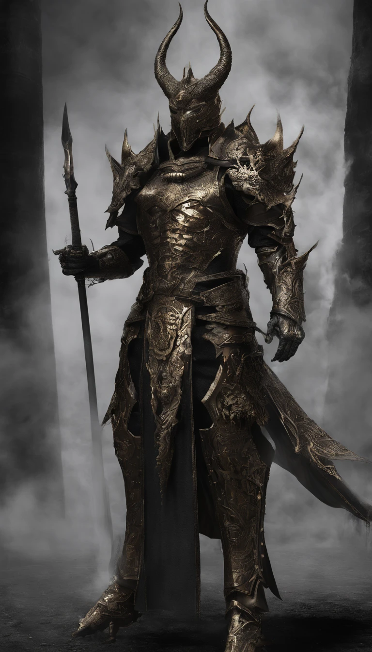 warrior, concept-art, author:Kishiganku, Fantasy art, Zen temple background, clean render, a horned, Wear a suit of armor, Detailed bushido form smoke, helmet of a forgotten deity, character is standing, 8k Realistic, in game render, detailed face background detail, Art station front page, taur, Pseudo-medieval fantasy, A deity wearing koi armor, detailed bronze armor, Bronze armor, golden etched armor, gold obsidian armor, Light gold armor, Gorgeous filigree armor, A demonic warrior, Gorgeous armor full of thorns, Intricate assasin armor, Intricate metal armor, powerful warrior, Dressed in gorgeous gold armor,Decorated with intricate patterns, The helmet has a large crown and two horns,Glowing red eyes, Everything is in the dark, The smoky background hints at battle scenes, Add an ominous aura to his character,Demon's giant demon wings,submission, Full body shot.