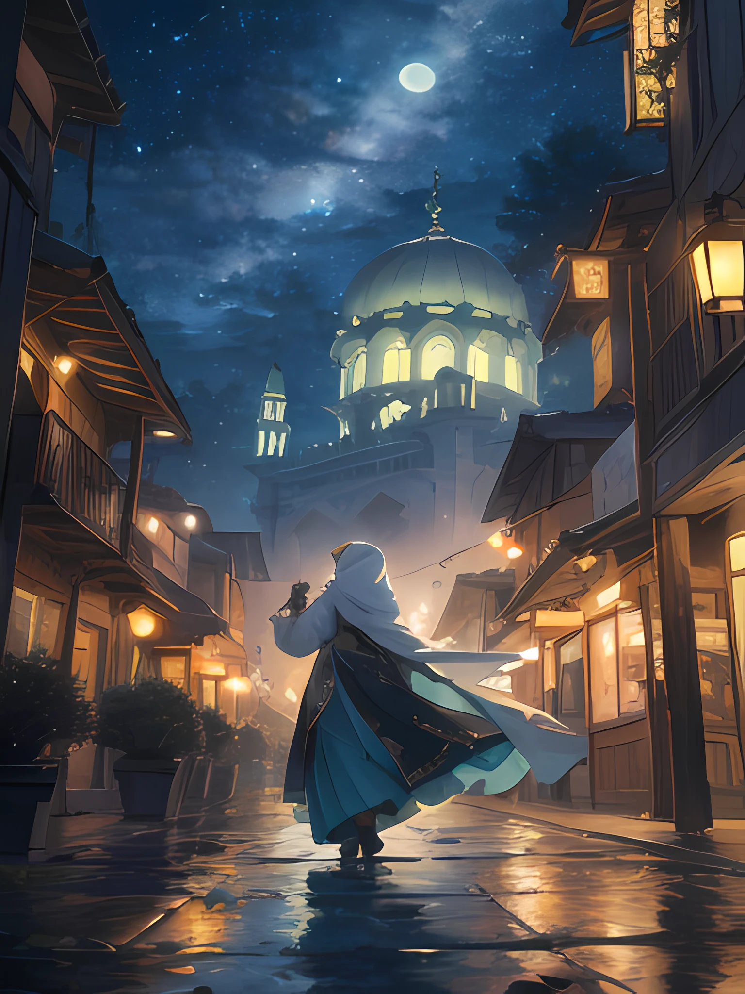 anime character in a long dress walking down a street at night, artwork in the style of guweiz, trending on artstation pixiv, guweiz on pixiv artstation, guweiz on artstation pixiv, 2. 5 d cgi anime fantasy artwork, beautiful anime scene, andreas rocha style, anime art wallpaper 8 k, anime background art