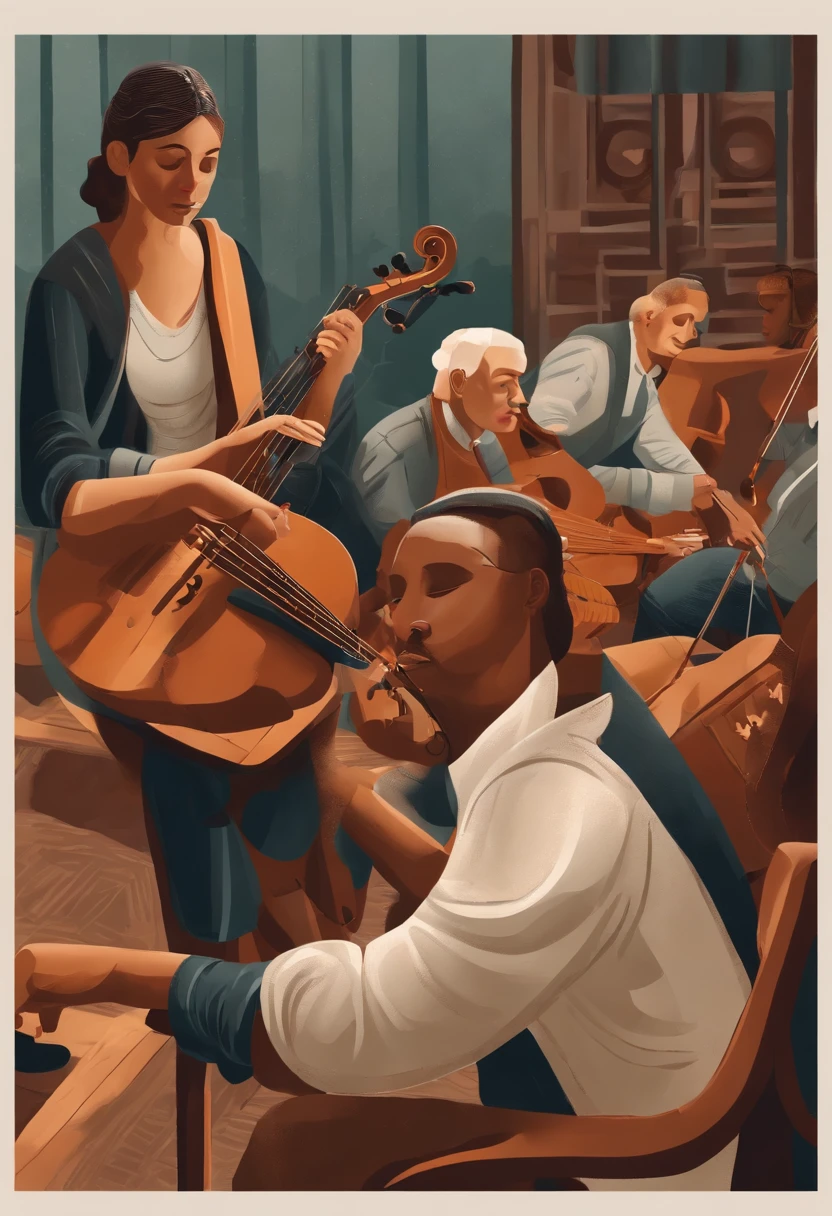 Create an illustration of a group of blind people attending a music class, tocando diferentes instrumentos e se expressando artisticamente.