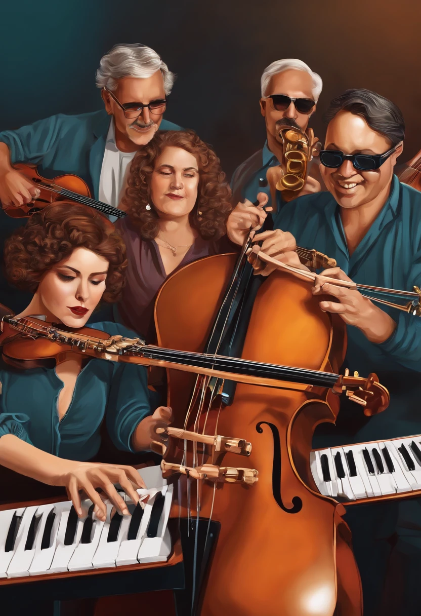 Create an illustration of a group of blind people attending a music class, tocando diferentes instrumentos e se expressando artisticamente.