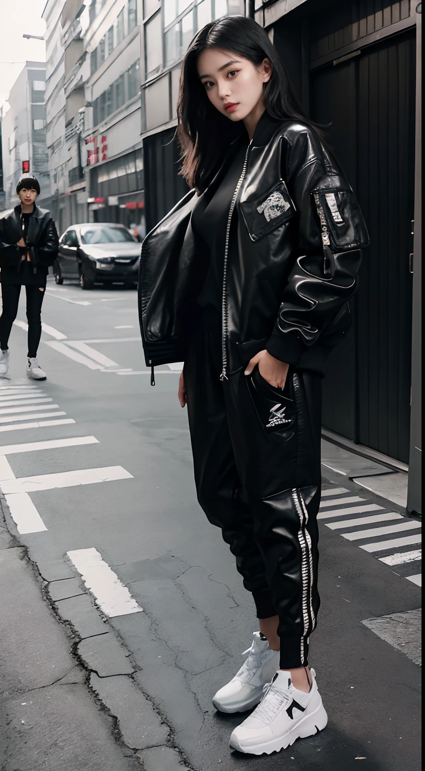 araffe wearing a black jacket and black pants with a black bag, she is wearing streetwear, cute casual streetwear, very aesthetic leather jacket, with black, jacket, off - white style, black oversized clothes, woman in streetwear, 19xx, 🚿🗝📝, casual streetwear, wearing a bomber jacket, black jacket, japanese streetwear, full body!!