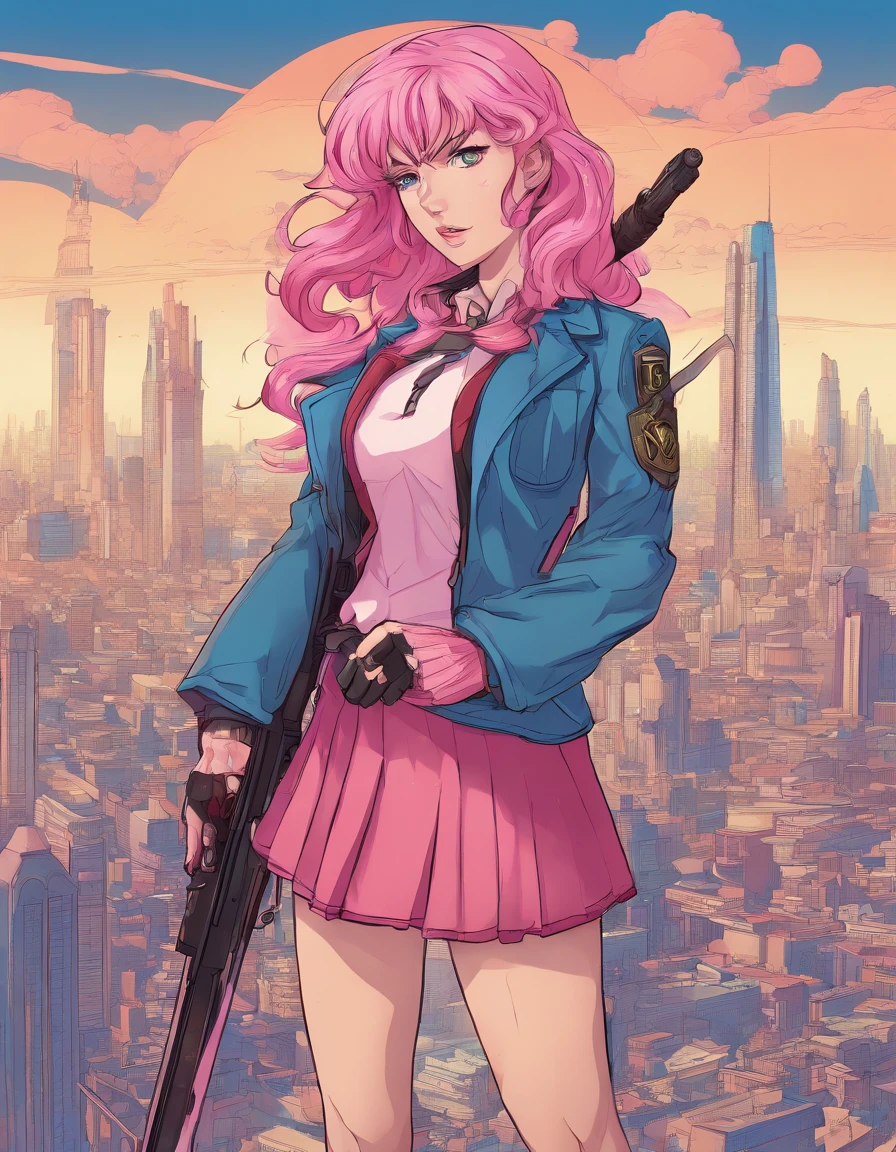 sara valestein, trails of cold steel, anime, long pink hair in a ponytail with bangs, 30 year old woman, teacher, tan jacket over blue skirt, happy drunk, resistance fighter WW2, ruined city, holding long red sword and pistol, battlefield photo