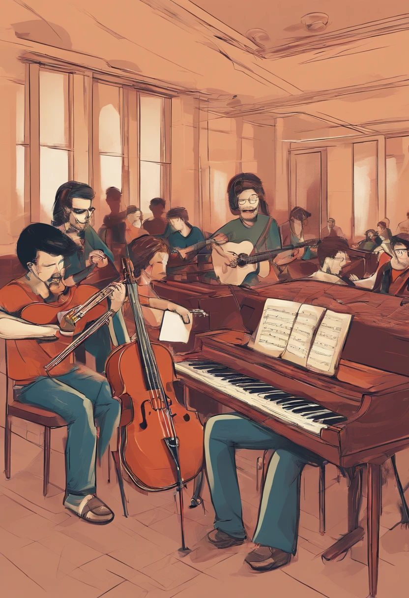 Create an illustration of a group of blind people attending a music class, tocando diferentes instrumentos e se expressando artisticamente.
