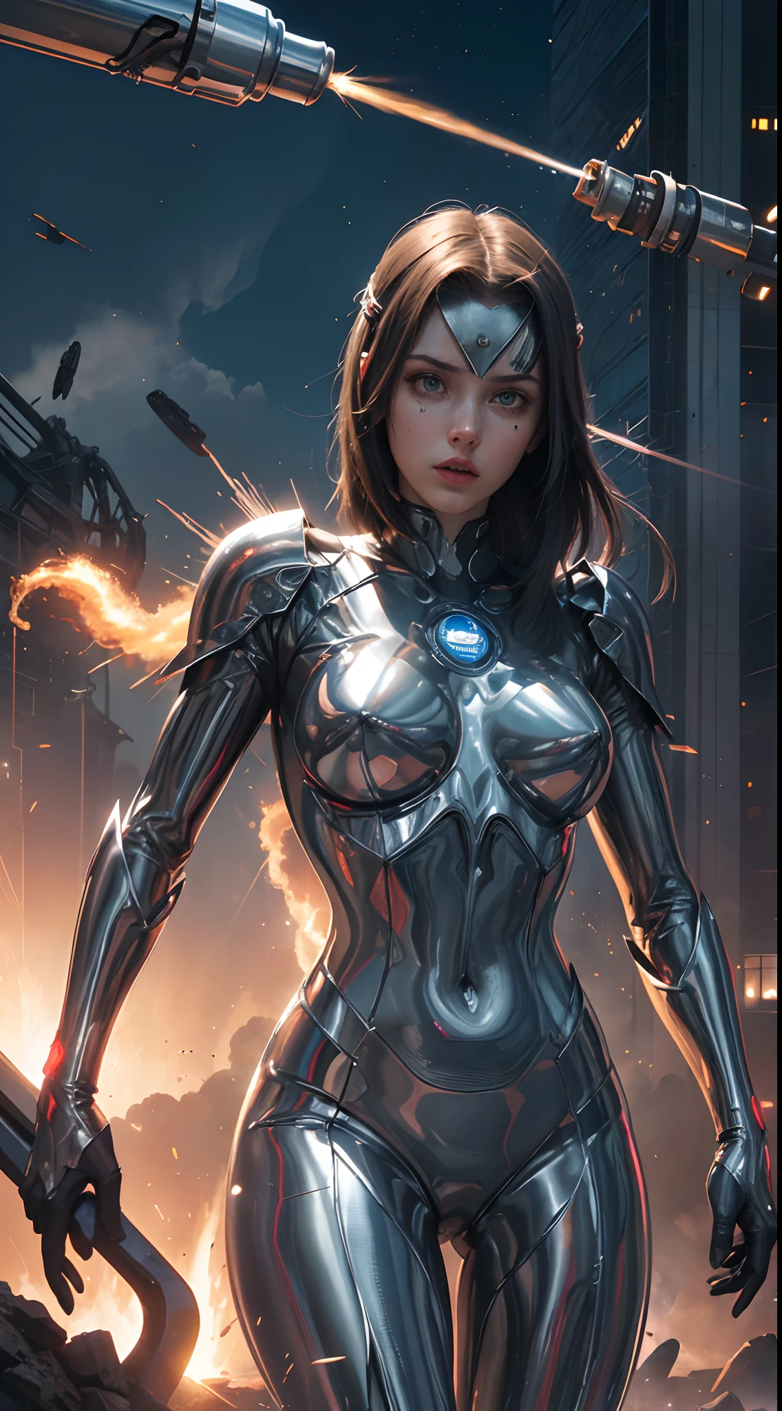 25-year-old woman in the style of Colossus, El alter ego de Peter Rasputin, is a comic book character from Marvel Comics. Colossus' most famous power is that his entire skin is made of chrome-plated silver organic steel........ Chromium plated metal is a psionic analogue of the element osmium, Known primarily for being a transition metal. It's an incredibly dense metal, Capaz de soportarlo todo, cuerpo delgado, dynamic poses, (senos medianos: 1.3), (realismo:1.5), (Realisitc:1.4), (absurdo:1.4), 8k, ultra detallado, Hermosa chica detallada, (1:1.4 solamente), 1 girl, (Visor orientado:1.2), (Nueva York: 1.4), (Plaza del Tiempo: 1.3), (bright sunny day:1.5), Detalles intrincados del cuerpo, (corto: 1.3), (La mejor calidad: 1.0), (Ultra Highres): 1.0), Cara y ojos altamente detallados, (fotorrealista: 1.2), (Apocalyptic city destroyed:1.4),motor irreal:1.4,UHD,La mejor calidad:1.4, fotorrealista:1.4, textura de la piel:1.4, obra maestra:1.8,obra-prima, mejor calidad,