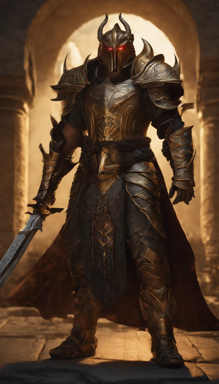 warrior, concept-art, author：Kishiganku, Fantasy art, Zen temple background, clean render, a horned, Wear a suit of armor, Detailed bushido form smoke, helmet of a forgotten deity, character is standing, 8k Realistic, in game render, detailed face background detail, Art station front page, taur, Pseudo-medieval fantasy, A deity wearing koi armor, detailed bronze armor, Bronze armor, golden etched armor, gold obsidian armor, Light gold armor, Gorgeous filigree armor, A demonic warrior, Gorgeous armor full of thorns, Intricate assasin armor, Intricate metal armor, powerful warrior, Dressed in gorgeous gold armor，Decorated with intricate patterns, The helmet has a large crown and two horns,Glowing red eyes， Everything is in the dark, The smoky background hints at battle scenes, Add an ominous aura to his character，Demon's giant demon wings，submission, Full body shot.