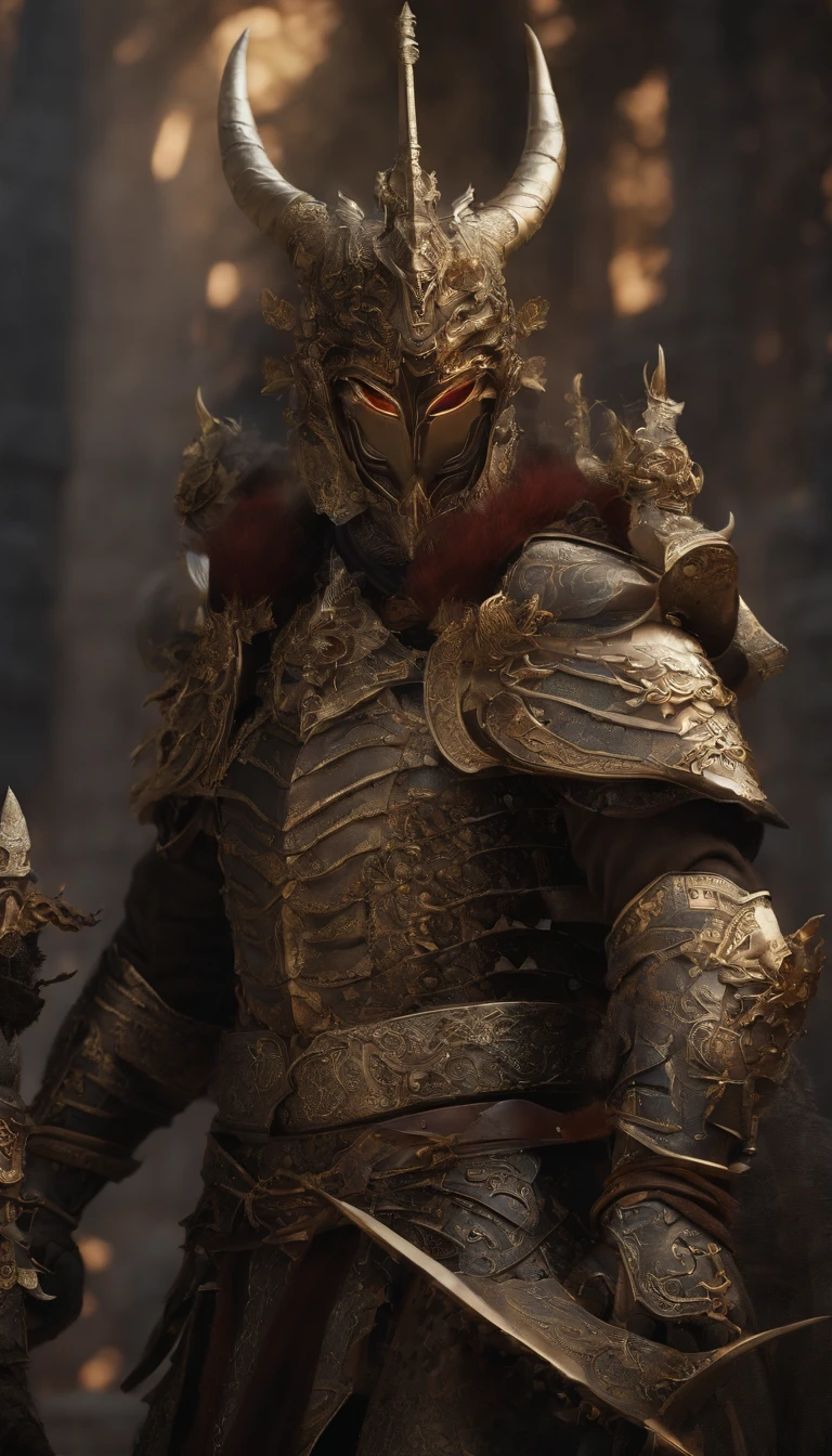 warrior, concept-art, author：Kishiganku, Fantasy art, Zen temple background, clean render, a horned, Wear a suit of armor, Detailed bushido form smoke, helmet of a forgotten deity, character is standing, 8k Realistic, in game render, detailed face background detail, Art station front page, taur, Pseudo-medieval fantasy, A deity wearing koi armor, detailed bronze armor, Bronze armor, golden etched armor, gold obsidian armor, Light gold armor, Gorgeous filigree armor, A demonic warrior, Gorgeous armor full of thorns, Intricate assasin armor, Intricate metal armor, powerful warrior, Dressed in gorgeous gold armor，Decorated with intricate patterns, The helmet has a large crown and two horns,Glowing red eyes， Everything is in the dark, The smoky background hints at battle scenes, Add an ominous aura to his character，Demon's giant demon wings，submission, Full body shot.