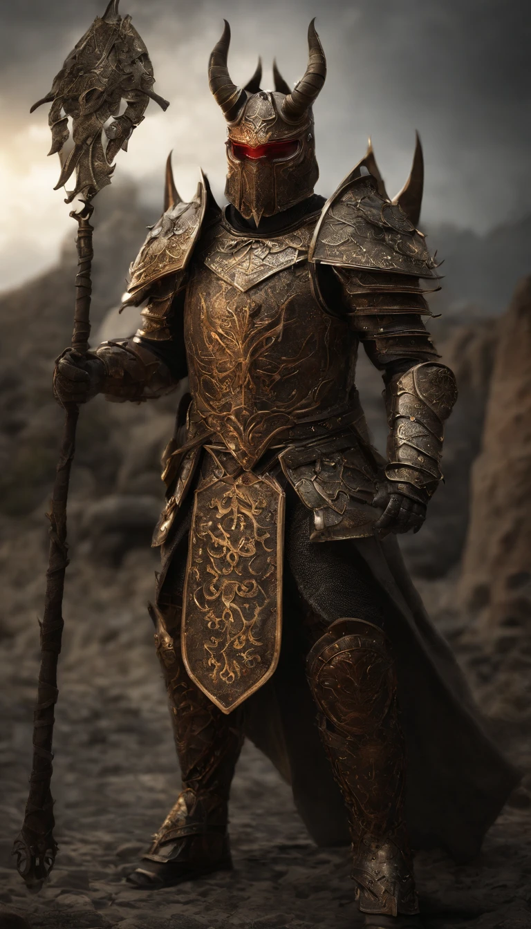 warrior, concept-art, author:Kishiganku, Fantasy art, Zen temple background, clean render, a horned, Wear a suit of armor, Detailed bushido form smoke, helmet of a forgotten deity, character is standing, 8k Realistic, in game render, detailed face background detail, Art station front page, taur, Pseudo-medieval fantasy, A deity wearing koi armor, detailed bronze armor, Bronze armor, golden etched armor, gold obsidian armor, Light gold armor, Gorgeous filigree armor, A demonic warrior, Gorgeous armor full of thorns, Intricate assasin armor, Intricate metal armor, powerful warrior, Dressed in gorgeous gold armor,Decorated with intricate patterns, The helmet has a large crown and two horns,Glowing red eyes, Everything is in the dark, The smoky background hints at battle scenes, Add an ominous aura to his character,Demon's giant demon wings,submission, Full body shot.