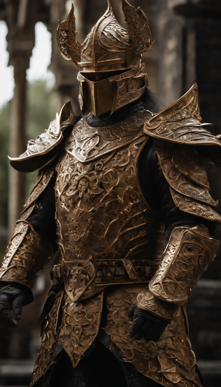 warrior, concept-art, author:Kishiganku, Fantasy art, Zen temple background, clean render, a horned, Wear a suit of armor, Detailed bushido form smoke, helmet of a forgotten deity, character is standing, 8k Realistic, in game render, detailed face background detail, Art station front page, taur, Pseudo-medieval fantasy, A deity wearing koi armor, detailed bronze armor, Bronze armor, golden etched armor, gold obsidian armor, Light gold armor, Gorgeous filigree armor, A demonic warrior, Gorgeous armor full of thorns, Intricate assasin armor, Intricate metal armor, powerful warrior, Dressed in gorgeous gold armor,Decorated with intricate patterns, The helmet has a large crown and two horns,Glowing red eyes, Everything is in the dark, The smoky background hints at battle scenes, Add an ominous aura to his character,Demon's giant demon wings,submission, Full body shot.