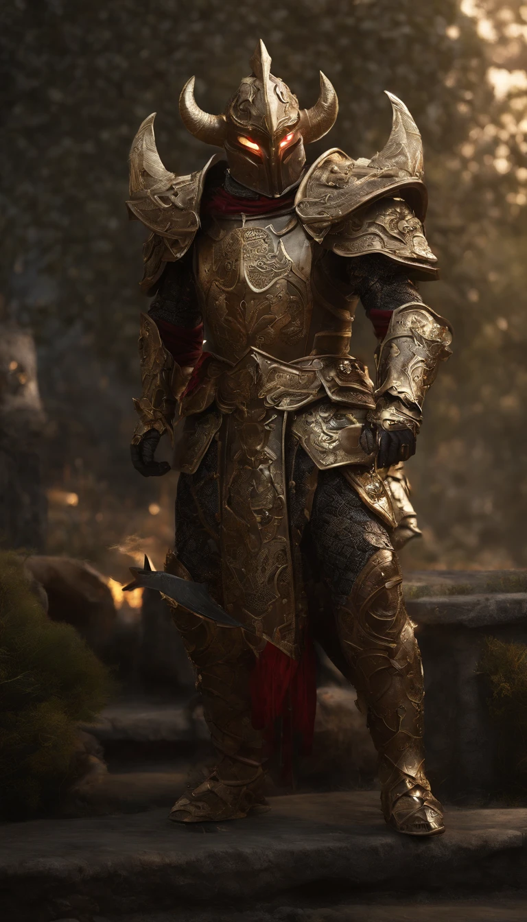warrior, concept-art, author:Kishiganku, Fantasy art, Zen temple background, clean render, a horned, Wear a suit of armor, Detailed bushido form smoke, helmet of a forgotten deity, character is standing, 8k Realistic, in game render, detailed face background detail, Art station front page, taur, Pseudo-medieval fantasy, A deity wearing koi armor, detailed bronze armor, Bronze armor, golden etched armor, gold obsidian armor, Light gold armor, Gorgeous filigree armor, A demonic warrior, Gorgeous armor full of thorns, Intricate assasin armor, Intricate metal armor, powerful warrior, Dressed in gorgeous gold armor,Decorated with intricate patterns, The helmet has a large crown and two horns,Glowing red eyes, Everything is in the dark, The smoky background hints at battle scenes, Add an ominous aura to his character,Demon's giant demon wings,submission, Full body shot.