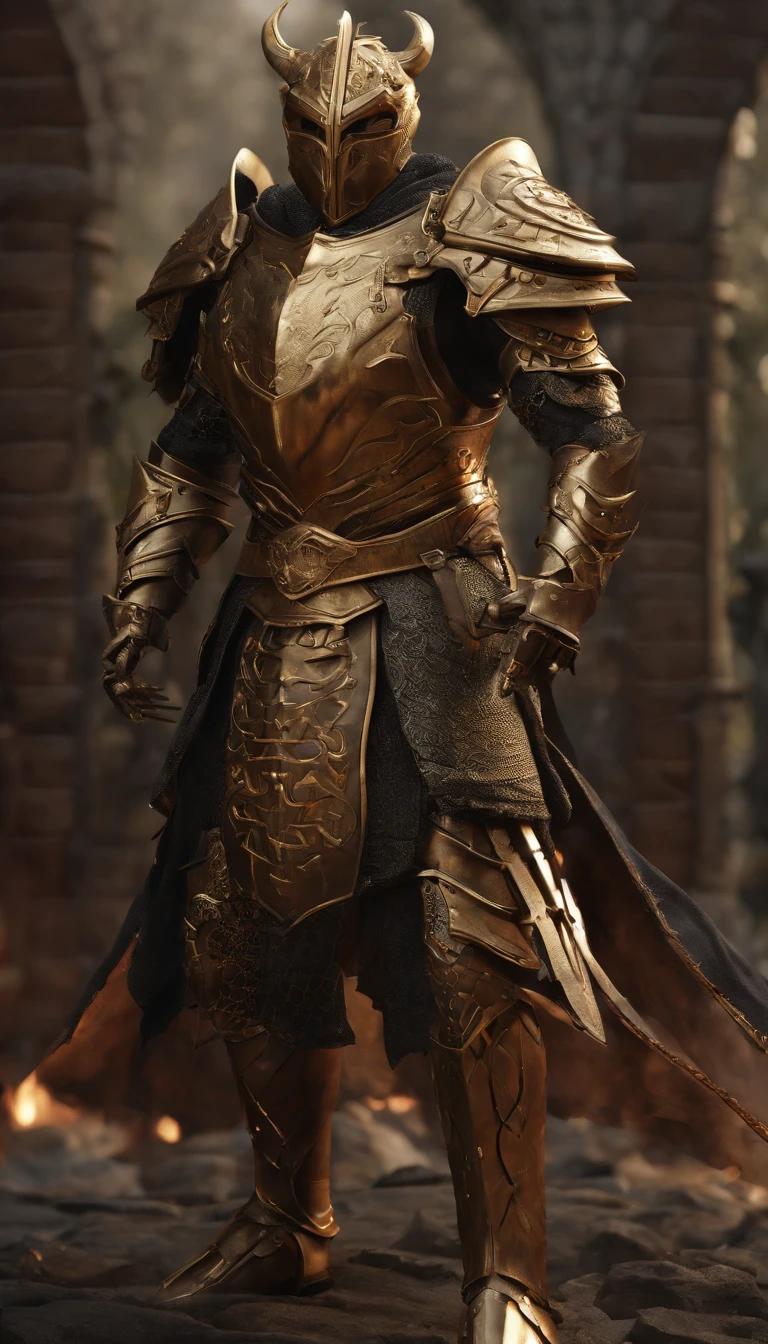 warrior, concept-art, author:Kishiganku, Fantasy art, Zen temple background, clean render, a horned, Wear a suit of armor, Detailed bushido form smoke, helmet of a forgotten deity, character is standing, 8k Realistic, in game render, detailed face background detail, Art station front page, taur, Pseudo-medieval fantasy, A deity wearing koi armor, detailed bronze armor, Bronze armor, golden etched armor, gold obsidian armor, Light gold armor, Gorgeous filigree armor, A demonic warrior, Gorgeous armor full of thorns, Intricate assasin armor, Intricate metal armor, powerful warrior, Dressed in gorgeous gold armor,Decorated with intricate patterns, The helmet has a large crown and two horns,Glowing red eyes, Everything is in the dark, The smoky background hints at battle scenes, Add an ominous aura to his character,Demon's giant demon wings,submission, Full body shot.