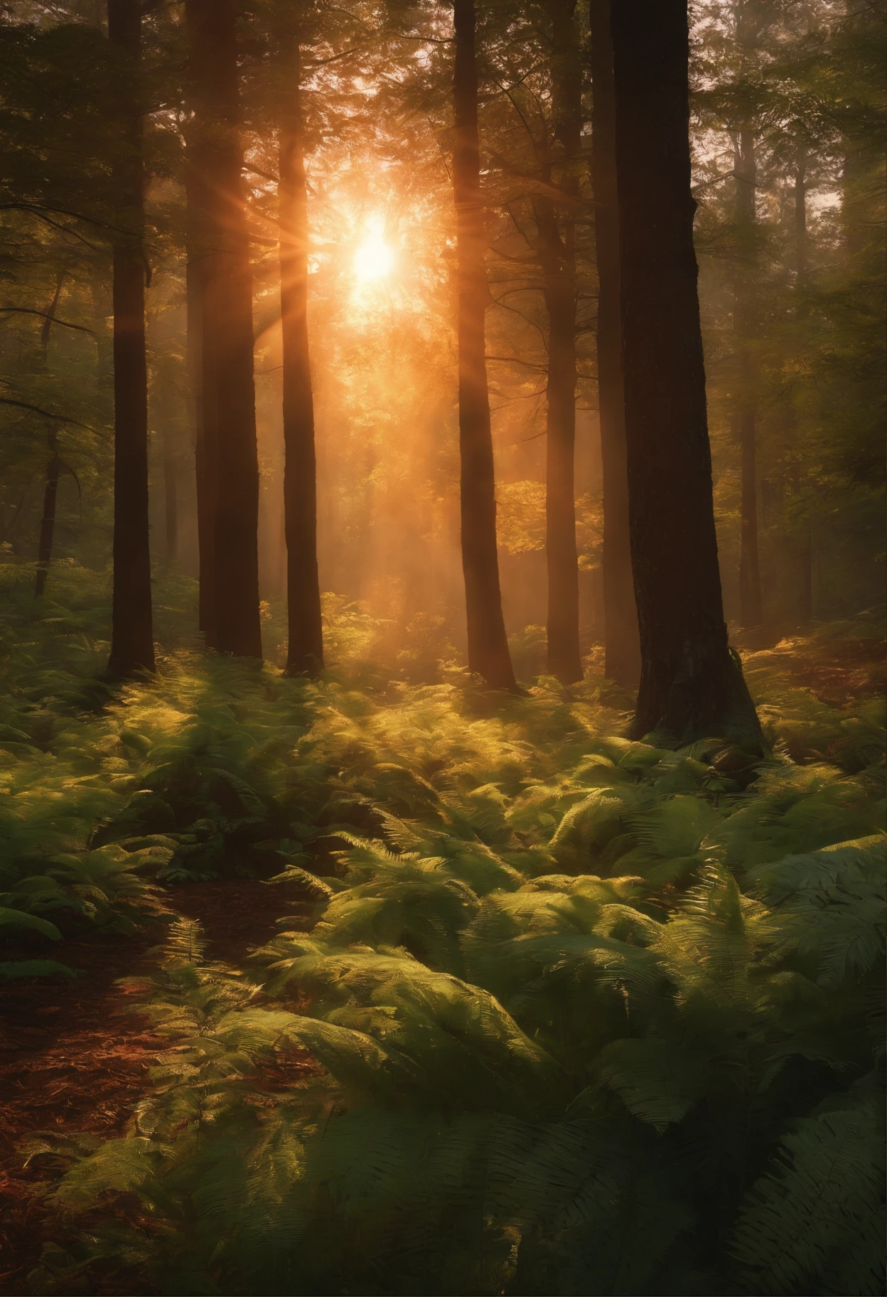 Create a stunning and realistic 8K image of a forest sunrise, showcasing the intricate details of the foliage, the soft glow of the rising sun, and the serene atmosphere of the early morning forest