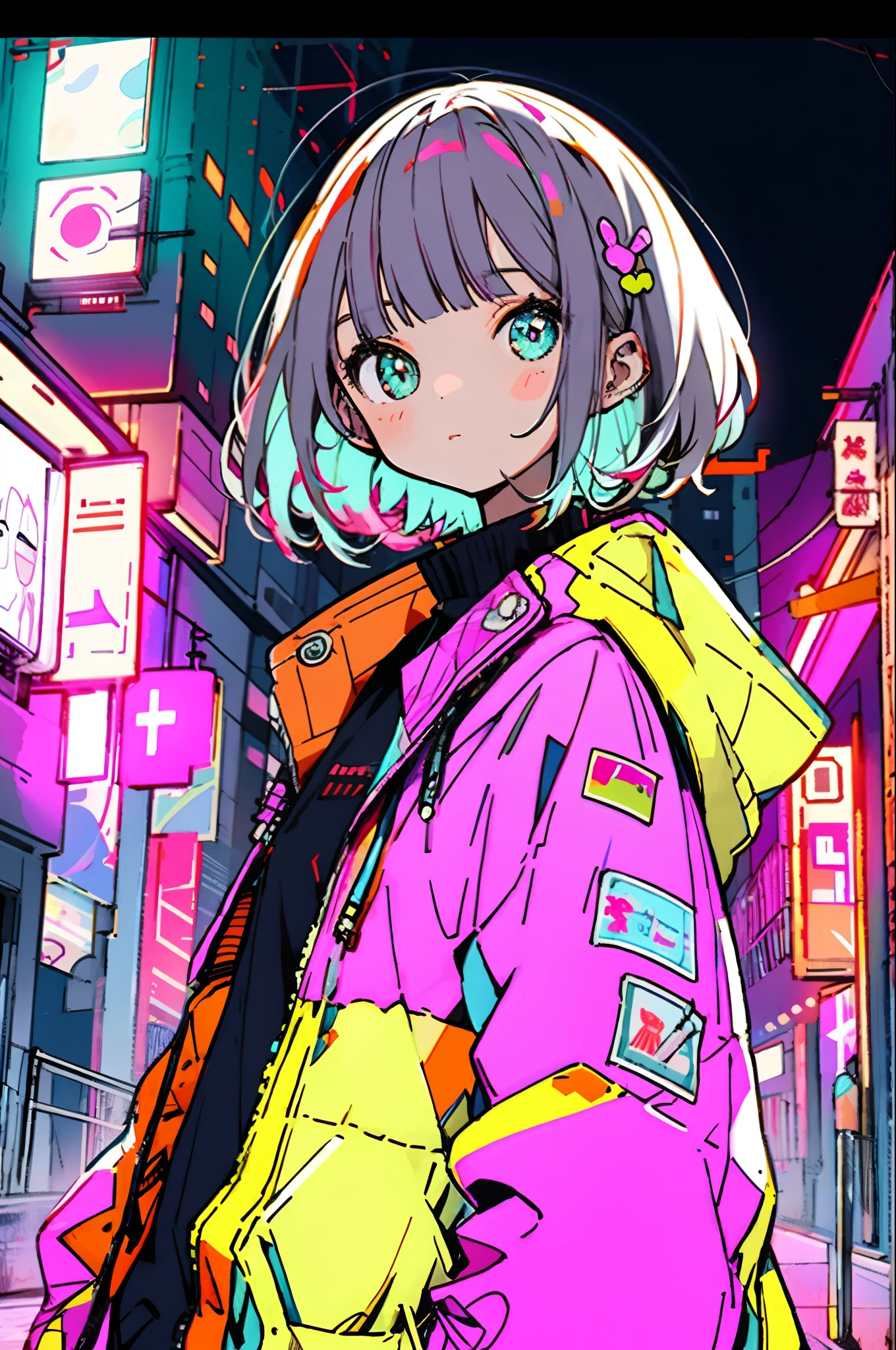 ​masterpiece, top-quality, 1girl, City Pop, natta, Look at another one, The upper part of the body, vector illustrations, jaket, Light smile, bluntbangs, length hair, lofi art,