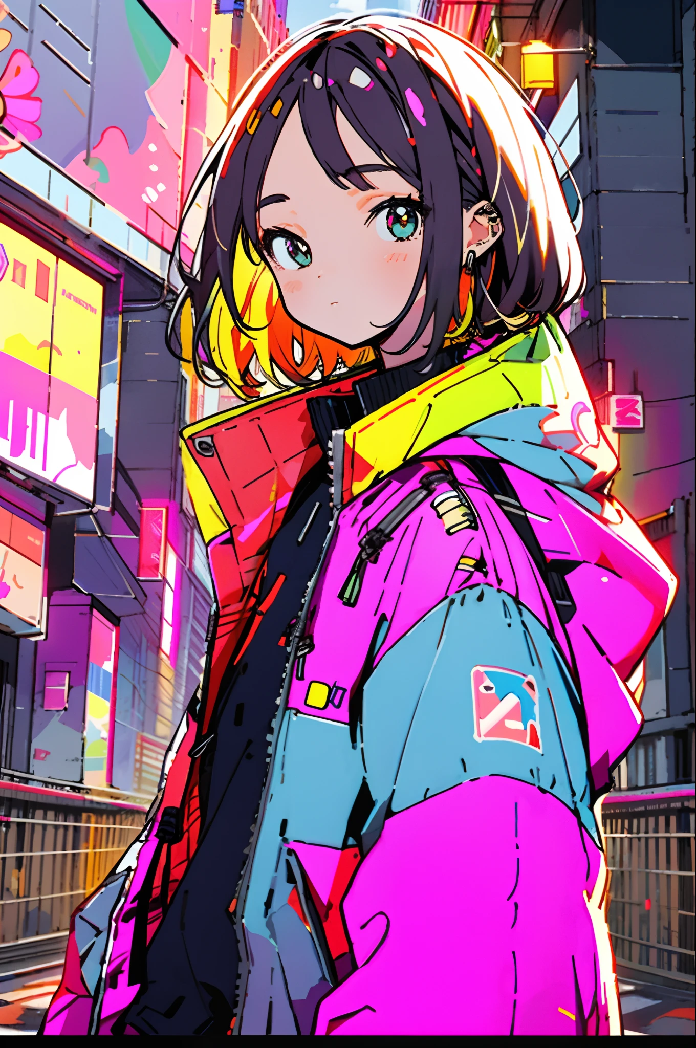 ​masterpiece, top-quality, 1girl, City Pop, natta, Look at another one, The upper part of the body, vector illustrations, jaket, Light smile, bluntbangs, length hair, lofi art,