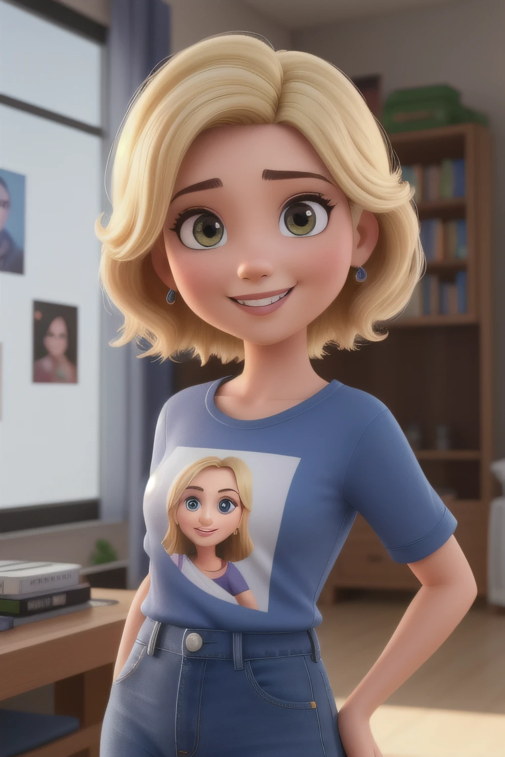Uma mulher de 33 anos, with hair close to her shoulder and short blonde, Rosto redondo, rosto redondo com sorriso encantador, e olhos castanhos claros, usando um elegante camiseta branca e um jeans da moda. Retrato de corpo inteiro, looking-into-camera, 3D, estilo pixar, desenho animado, realistic creation