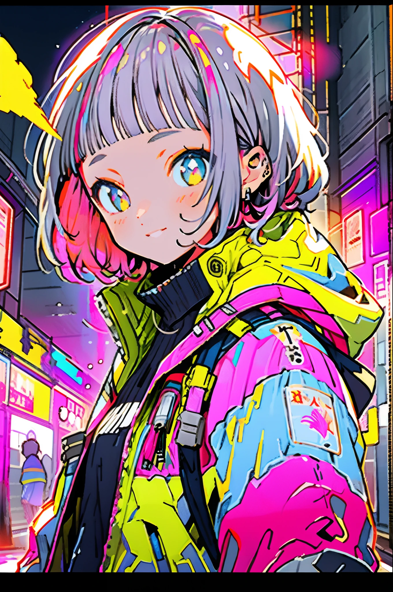 masterpiece, best quality, 1girl, city pop, night, neon light, looking at another, upper body, vector illustration, jacket, light smile, blunt bangs, long hair