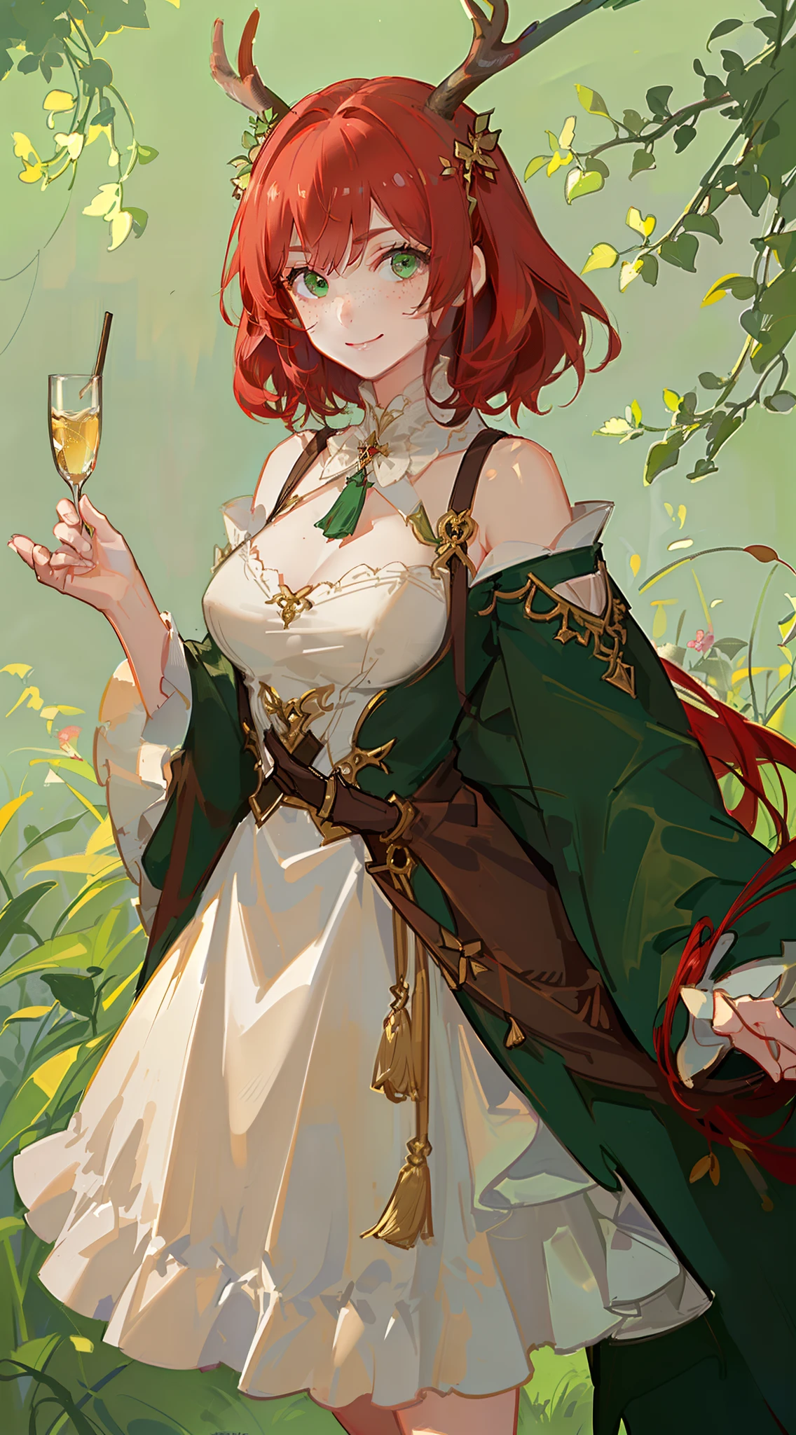 Young girl, short red hair, curly hair, green eyes, freckles, deer antlers, old Russian dress, smile, masterpiece, high quality