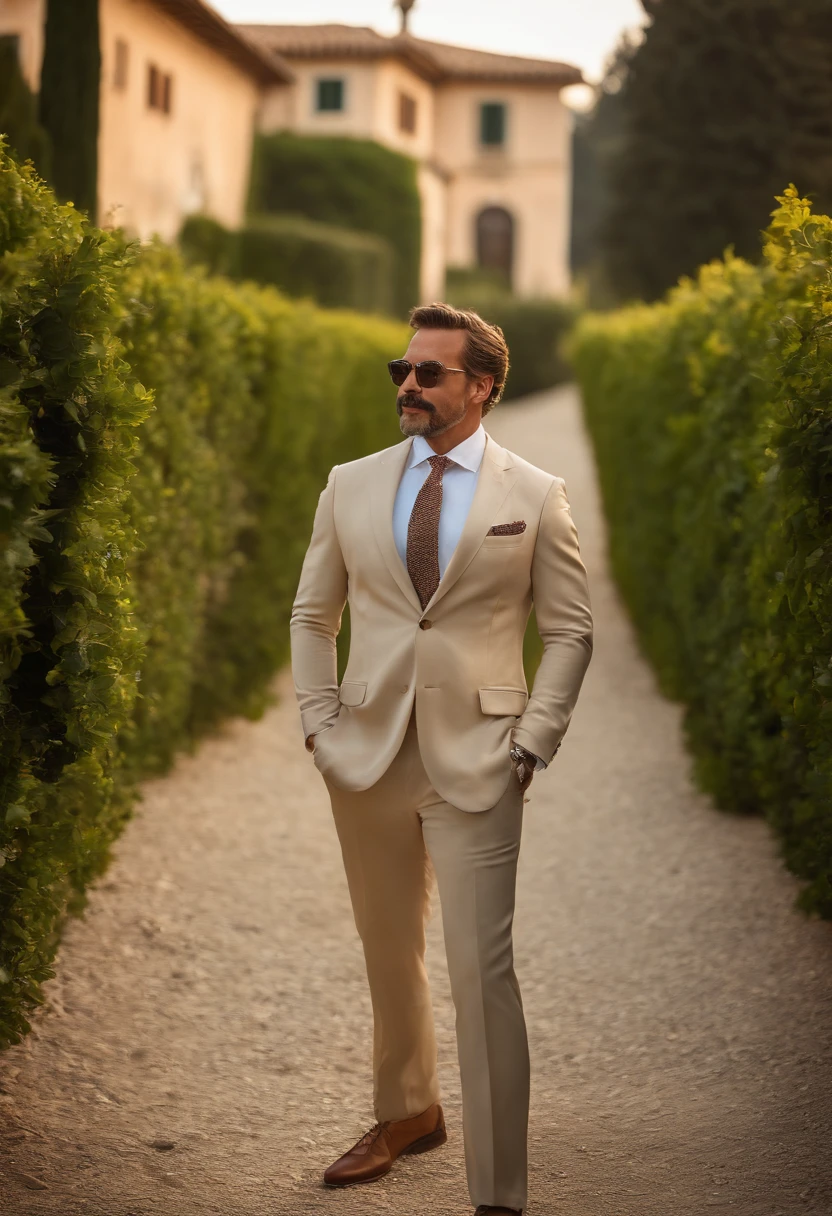 a rich man with a beautiful background in Italy, boxerschnitt, light moustache with transition to goatee with 4mm length (best quality, hight resolution, Meisterwerk:1.2), Detaillierte und realistische Darstellung, Lebendige Farben, Mediterrane Beleuchtung, Oil painting, charmante italienische Villa, malerische Landschaft der Toskana, Lush green vineyards, Azurblaues Meer, Elegant suits, Stylische Sonnenbrille, Luxurious mansion, Schwimmbad, Jacht, Italienischer Sportwagen, Entspannte und selbstbewusste Haltung, confident smile, Summer atmosphere.