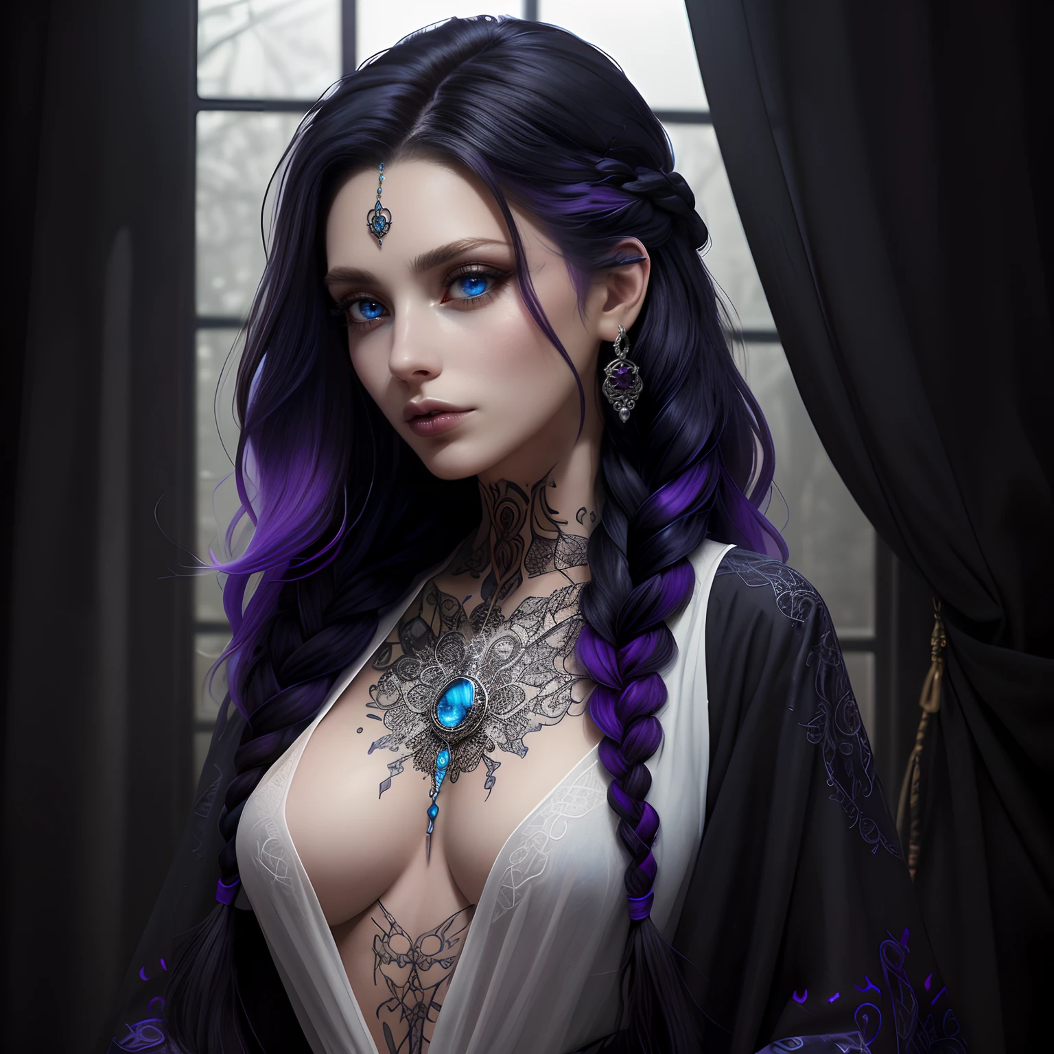 (masterpiece, best quality:1.2), extremely detailed, detailed hair, soft skin,
1woman witch, solo, standing, upper body
Gradient colored hair (white, purple and black hair), long hair, intricate braided hair
Piercing blue eyes, long eyelashes, thick eyelashes, looking at viewer,
Modern witch clothing, intricate details, jewelry, tattoos
,