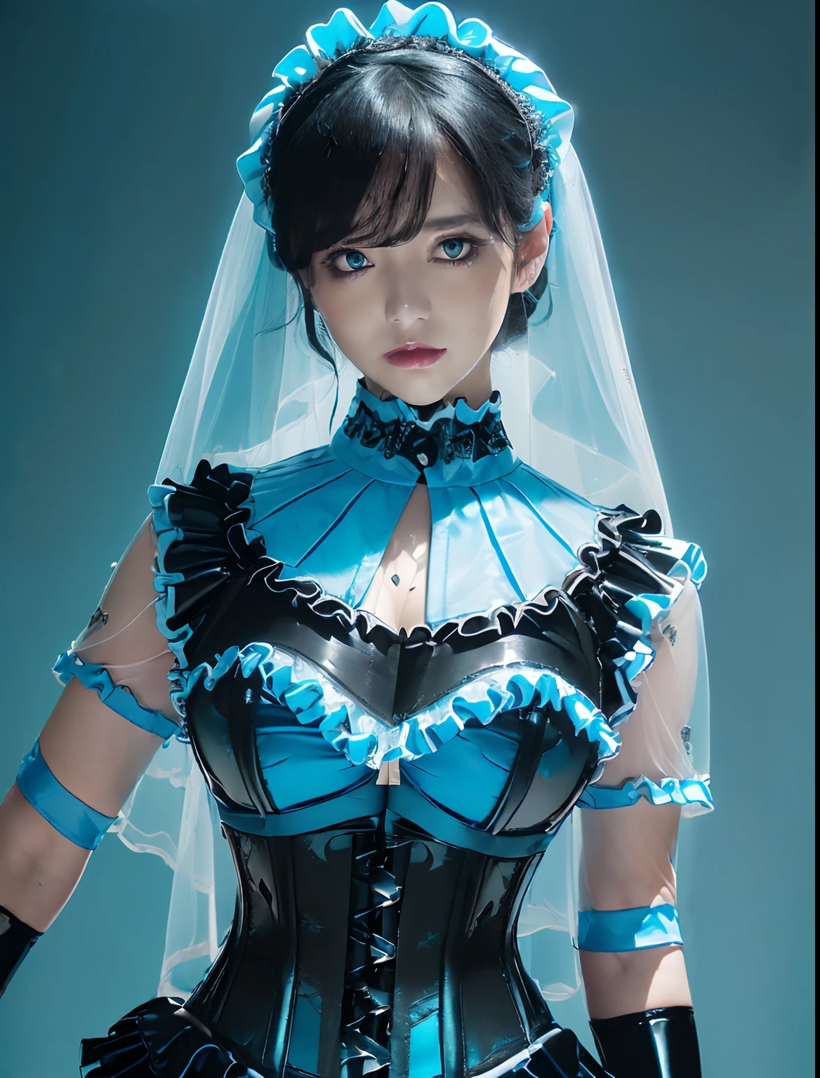(Light blue and black theme:1.3), (( Black Wedding Dress):1.2), (Black See-Through Wedding Veil:1.4), ((black latex corset, Light Blue Breasted Cup):1.4), (Short sleeve:1.3), ((white collar, Taibo):1.3), ((Frilled Skirt, Multi-layer skirt):1.4), ((stockings, ):1.3), (Long gloves:1.2), (Blue rose decoration on the head:1.3),